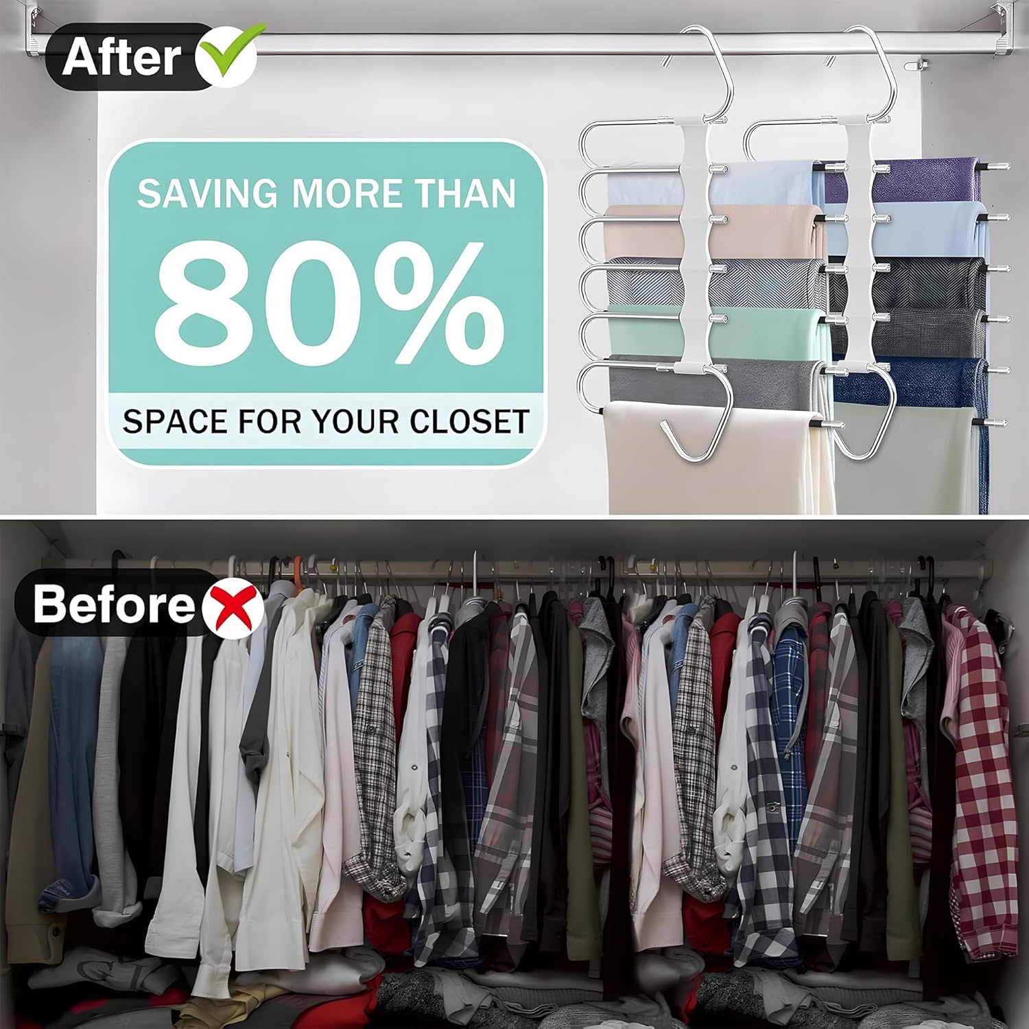 JZS 2-Pack Space-Saving Pants Hangers with S-Type Stainless Steel & Anti-Slip Design for Jeans, Trousers