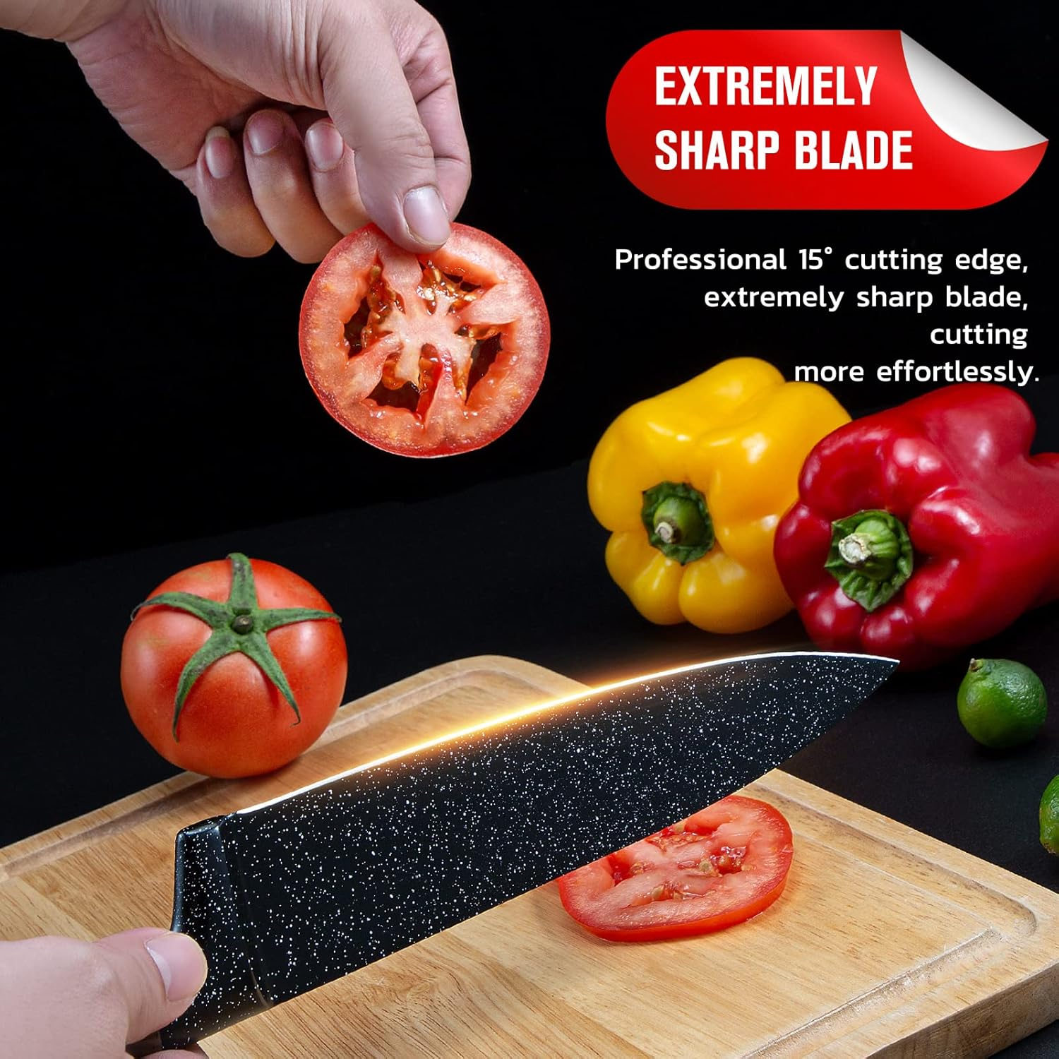 ASKSCICI Knife Set,12-Piece High Carbon German Stainless Steel Knife Set with Block - Japanese-Inspired Wooden Pattern Handles and 6 Steak Knives Included