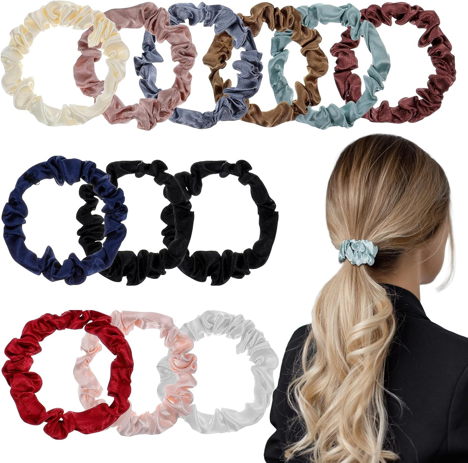 Wanmu Pack of 12 Satin Silk Small Hair Ties, Soft Silk Hair Bands, Elastic Ponytail Holder, Satin Hair Accessories for Women and Girls image number 1