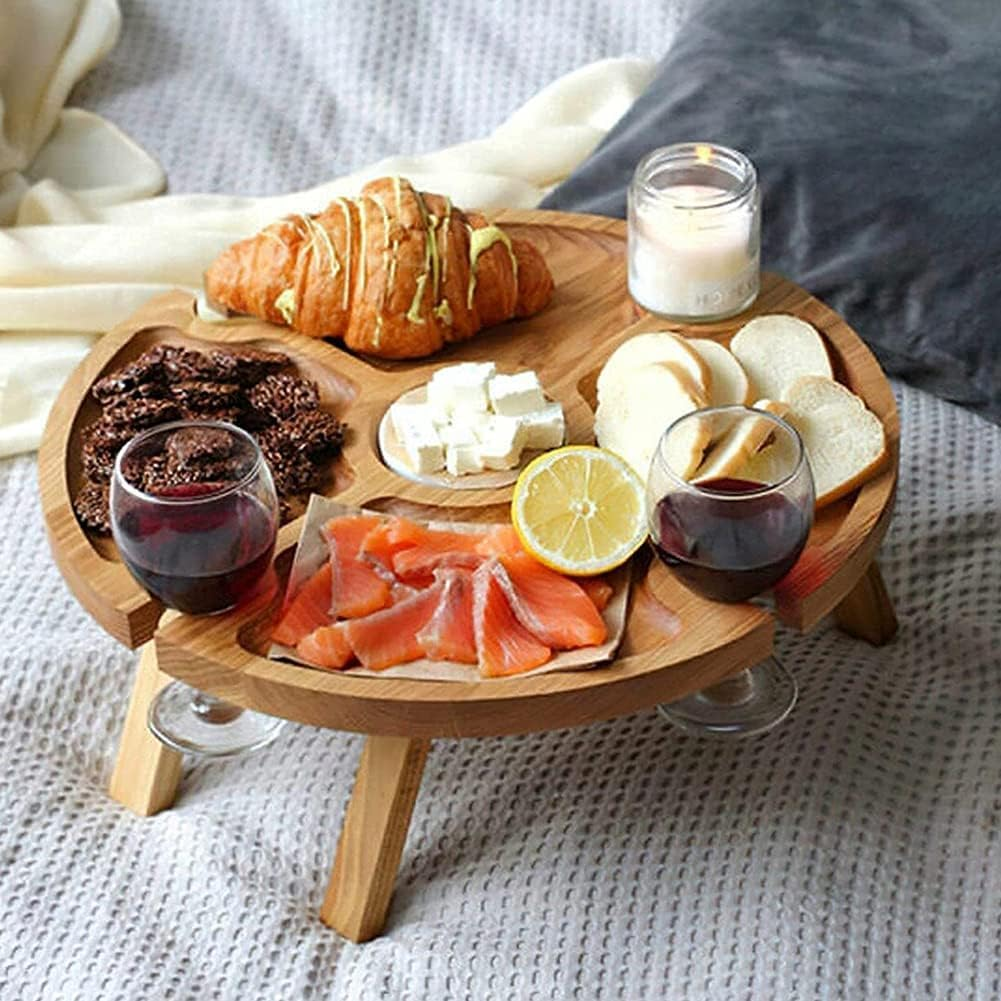 Emapoy 2 in 1 Picnic Table, Wooden Folding Picnic Table with Wine Glass Holder, Collapsible Beach Wine Table, Portable Beach Picnic Accessory for Travel image number 1