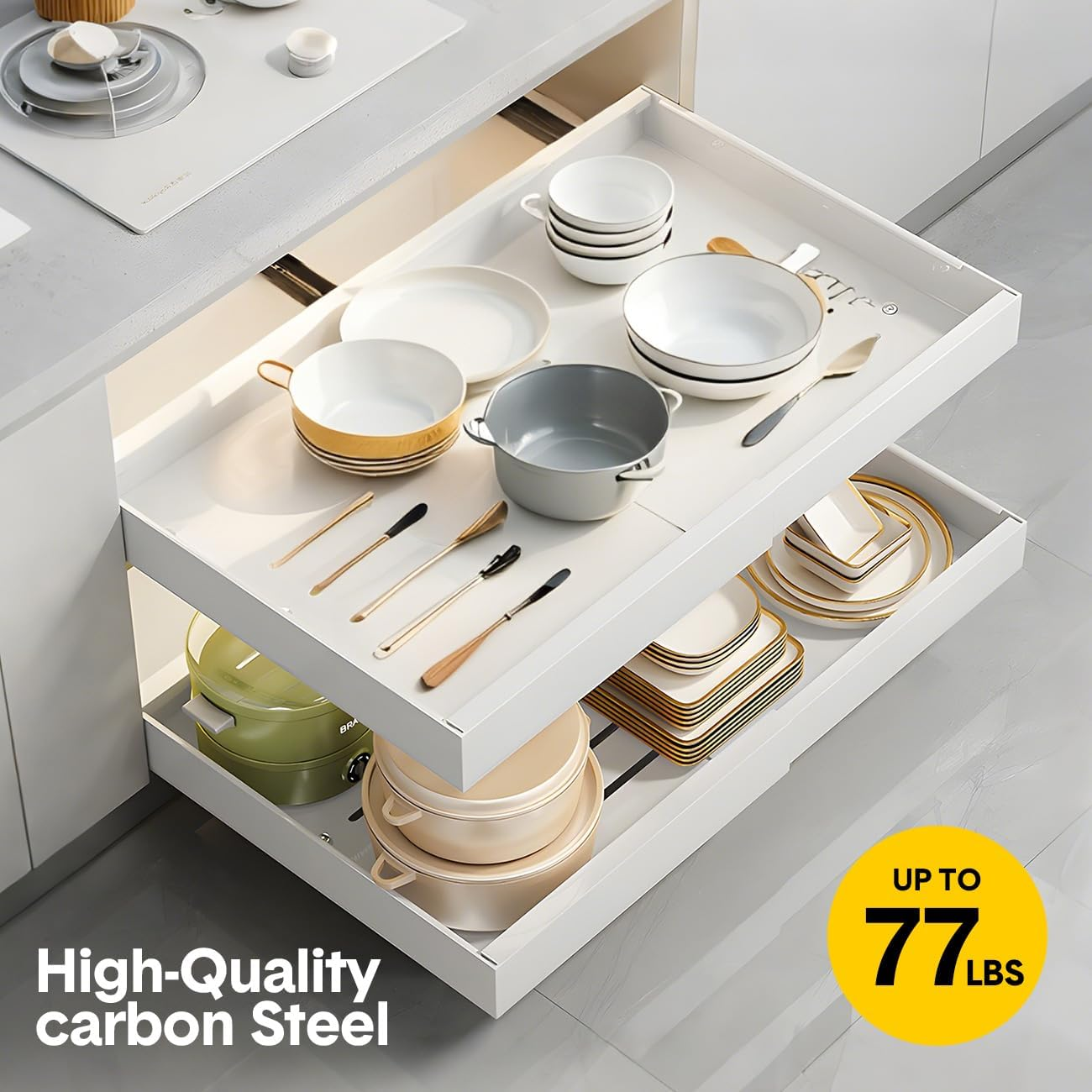 Aumerage Expandable Cabinet Organizer - Pull Out Drawers with Adhesive Mount, Adjustable Width 32-52Cm, Slide Out Storage for Kitchen Cabinets（Whinte 2PCS） image number 6