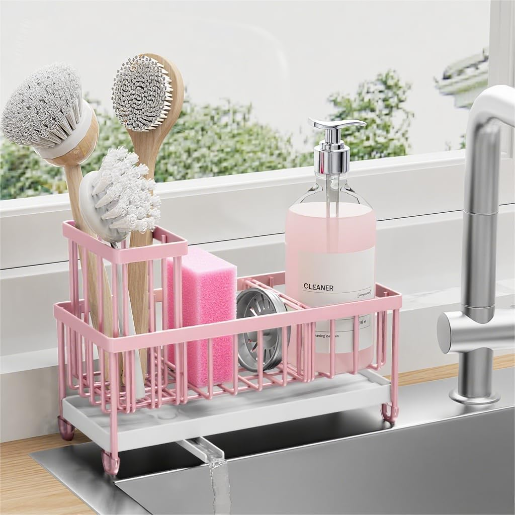 Cisily Pink Sponge Holder for Kitchen Sink, Sink Caddy Organizer with High Brush Holder, Countertop Organizers and Storage Essentials, Rustproof 304 Stainless Steel, Pink Kitchen Accessories and Decor image number 5