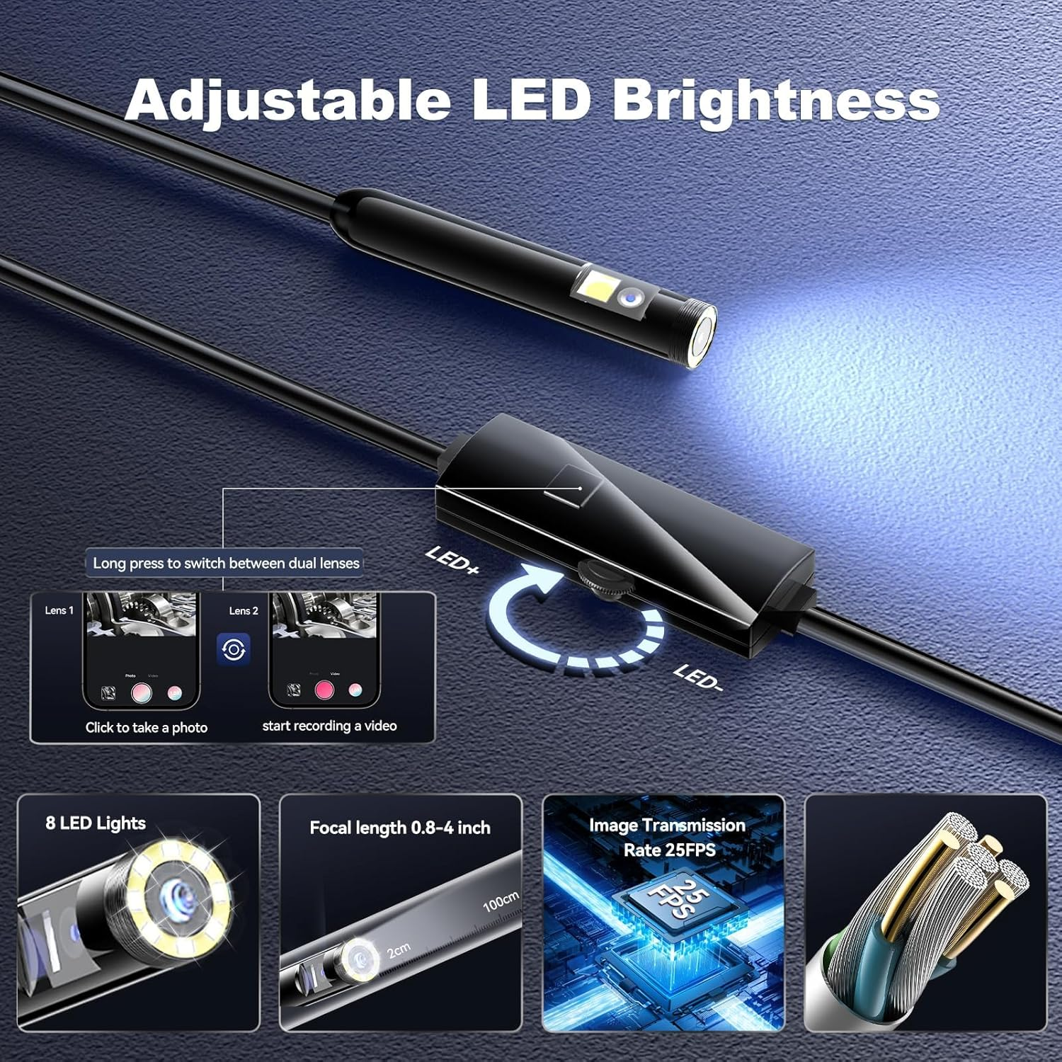 [Dual-Lens] Endoscope Camera with Light, 1920P Borescope Inspection Camera with 8+1 Adjustable LED Lights, Semi-Rigid Snake Cable 16.5FT, IP67 Waterproof for Iphone, Ipad, Samsung,Cool Gadgets for Men image number 1