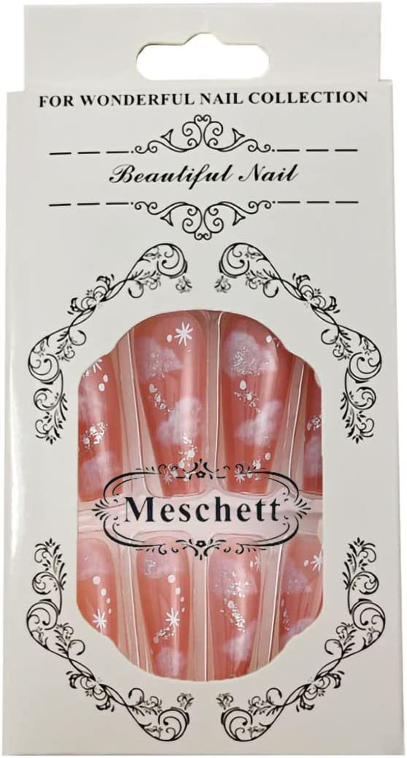 24PCS Nude Cloud Press on Nails,Long Coffin Fake Nails Nude Cloud Ballerina Nail Tips for DIY Nail Art Salon Women Girls image number 4