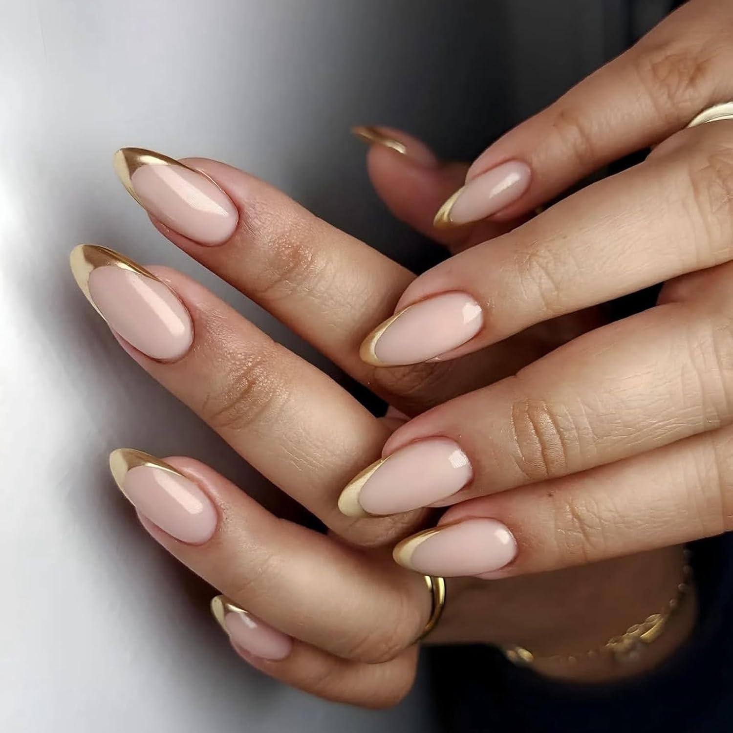 24 PCS Gold French Tip Press Nail Almond Shape Fake Nails Reusable Acrylic Nail Glossy Full Cover Stick image number 5