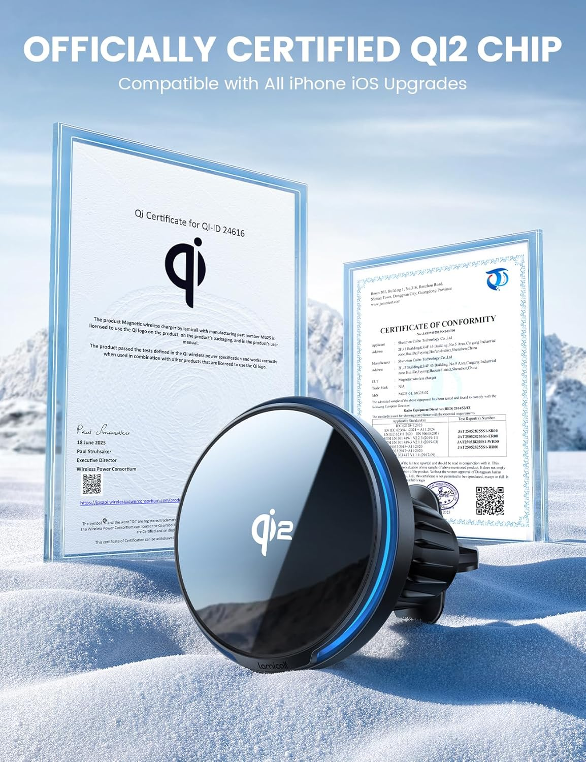 Lamicall 15W for QI2 Safe Mag Car Mount Charger - 【RGB LED】360&deg; Wireless Car Phone Holder Vent Dashboard, Handsfree Magnetic Phone Holder for Car Charging for Iphone 17 Air Pro Max plus 16 15 14 13 12 image number 2