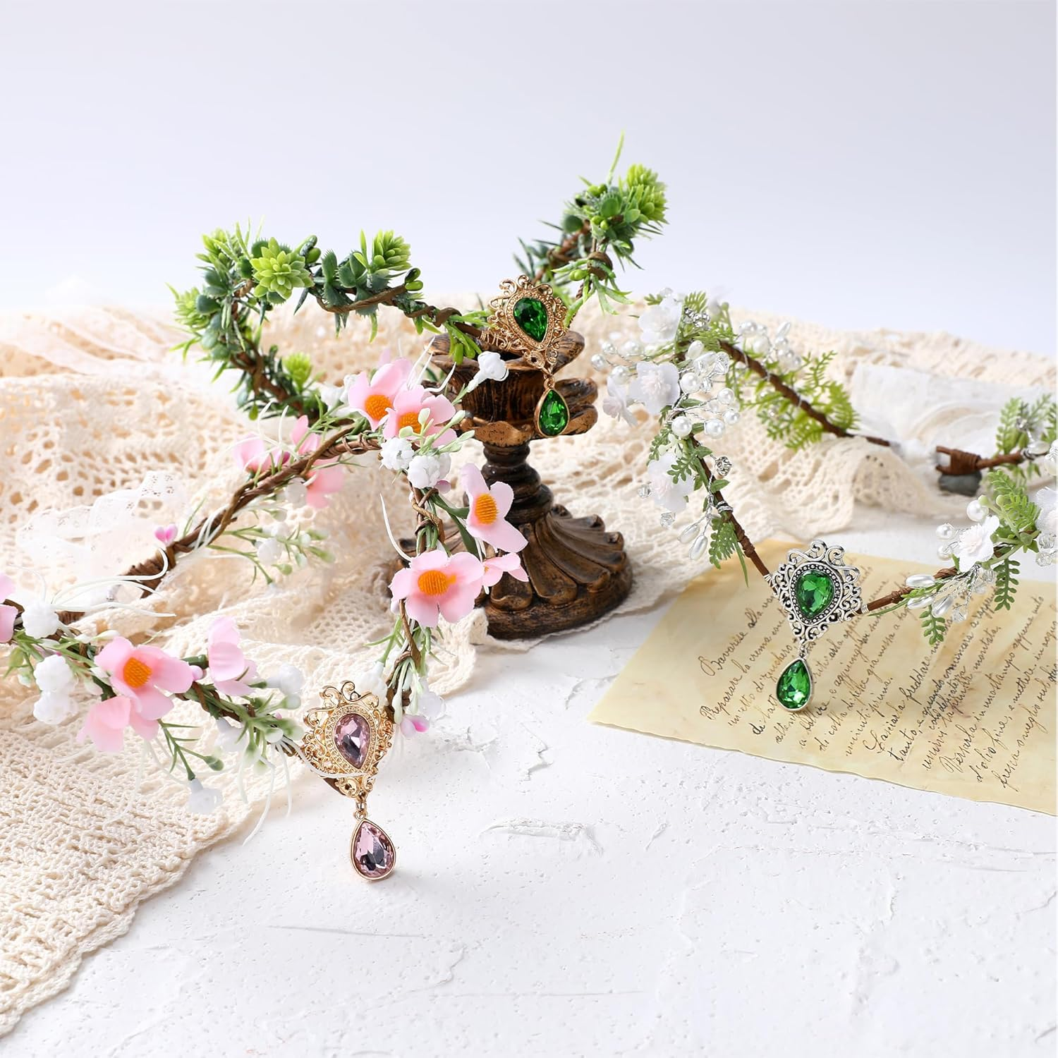 MOSTORY Woodland Fairy Crown for Renfaire Women Cosplay, Pink Forest Flower Elven Cirlet for Halloween Party image number 1