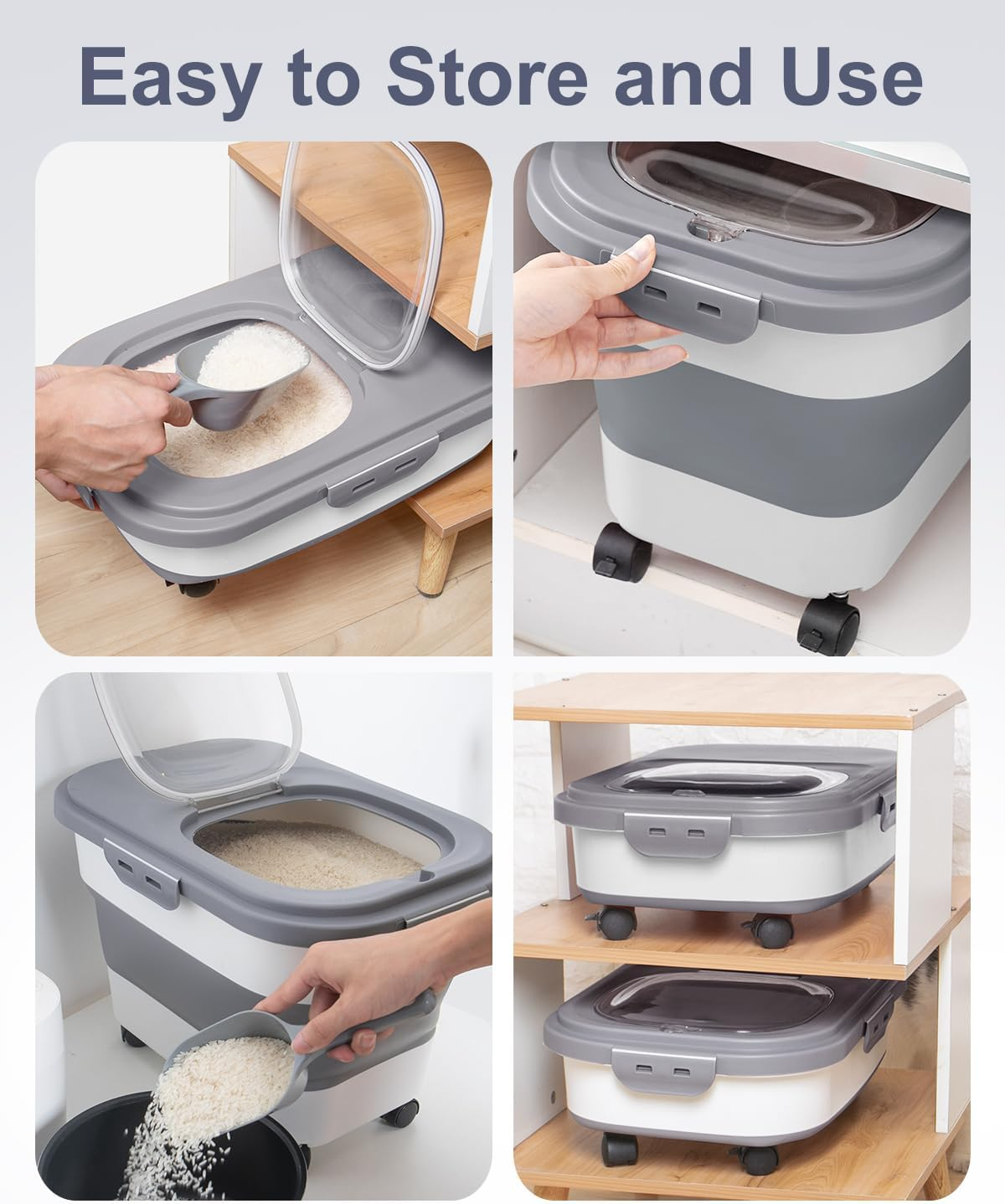 DDMOMMY 20-30 Lbs Rice Storage Container,Collapsible Food Storage Containers with Rolling Wheel Airtight Locking Lid,Flour Storage Container with Cup and Scoop,Suitable for Food,Rice,Pet Food,Flour image number 5