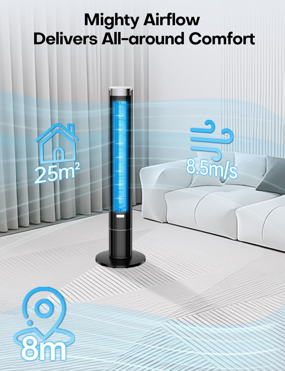 COOLECH 110CM Bladeless Tower Fans W/4 Speeds & 4 Modes, Remote Control, 25Db Quiet for Sleep, 90&deg; Oscillating, 12 Timer, 8.5M/S, Cover up to 25㎡, Display Auto-Off, 60W Cooling Fan for Room Bedroom image number 4