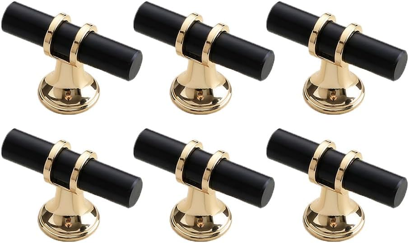 6 Pack Gold Cabinet Knobs 1.97" T Bar Drawer Knobs Zinc Alloy Single Hole Pulls for Dresser 50Mm Cupboard Handles for Kitchen Wardrobe Cabinet Hardware (6, Black Gold)