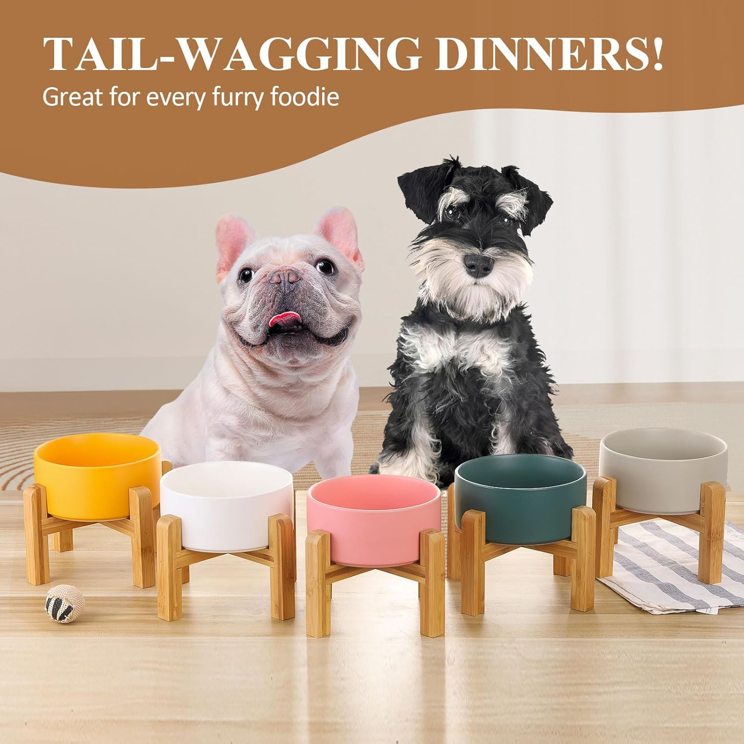 White Ceramic Elevated Raised Dog Bowls - Dog Food Dish with Stand - Double Raised Dog Food and Water Bowls anti Vomiting - Pet Bowl with anti Slip Rubber Pad - Stress Free for Medium Dogs -Set of 2 image number 4