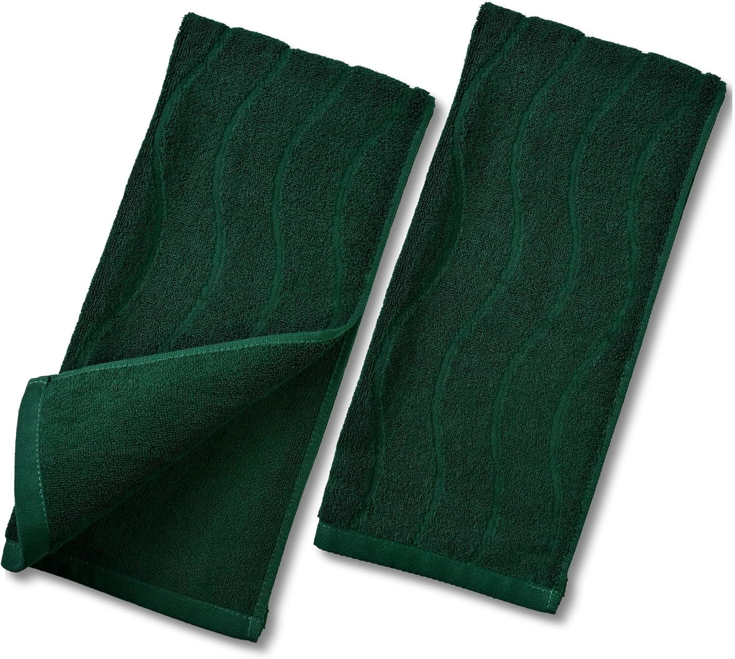 2-Piece Hand Towels Set in Forest Green, Wavy Striped Jacquard Towels for Bathroom Kitchen Gifts (13X29 Inches, 100% Cotton)
