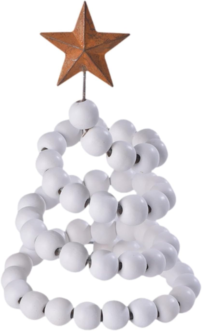 Mini Desk Christmas Tree, Wooden Bead Decorative Xmas Tree with Star Topper for Mantel,Birthday,Bedroom,Wedding,Holiday,Party, White
