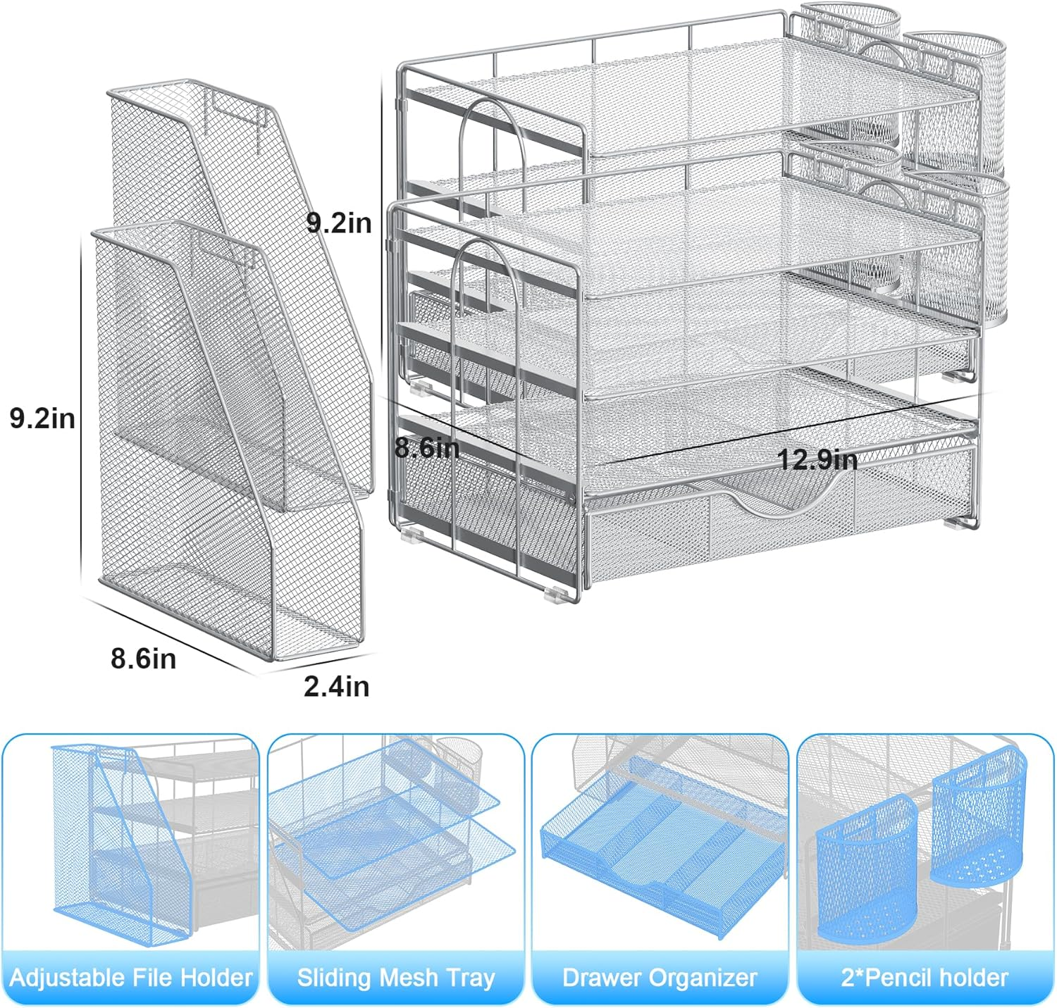 Gianotter Paper Organizer with File Holder for Desk, 4 Tier Letter Tray Office Desk Organizers and Accessories - Workspace Organizers with Drawer and 2 Pen Holder for Office Supplies (Grey), 4T-2 - Blue image number 7