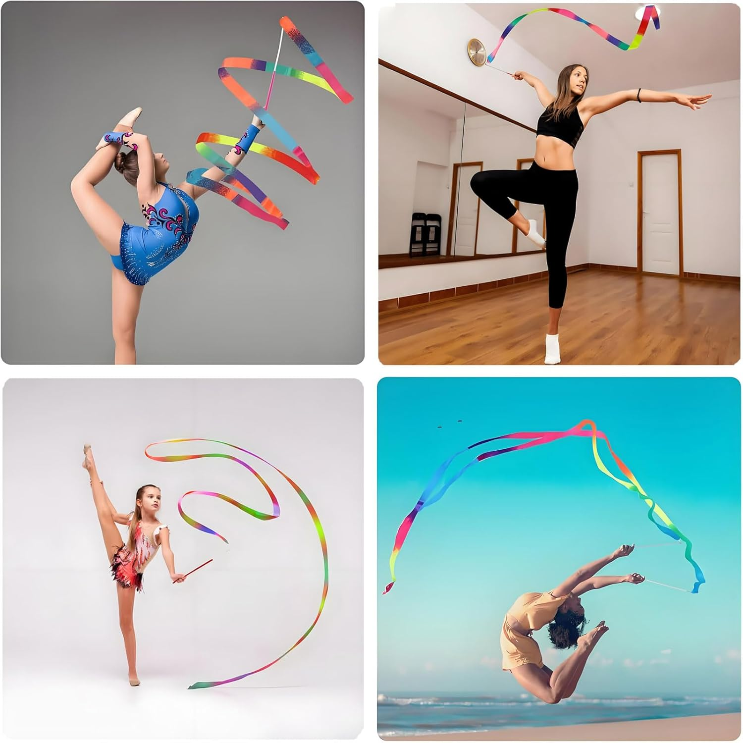 3Pcs 2 Meter/78.74 Inch Gradient Dance Ribbons with Rod,Rainbow Streamers Rhythmic Gymnastics Ribbon, Dancer Ribbons with Twirling Wands for Talent Shows, Artistic Dancing,Gymnastics Dance image number 1