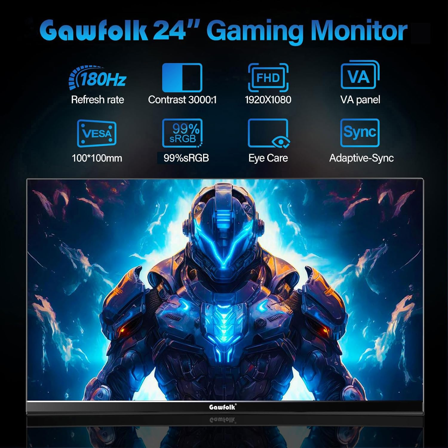 Gawfolk Gaming Monitor 24 Inch Curved 180Hz, PC Screen Full HD 1080P, 2800R Frameless Curved Computer Screen with Freesync, Eye-Care Technology, HDMI, DP, VESA 75X75 image number 4