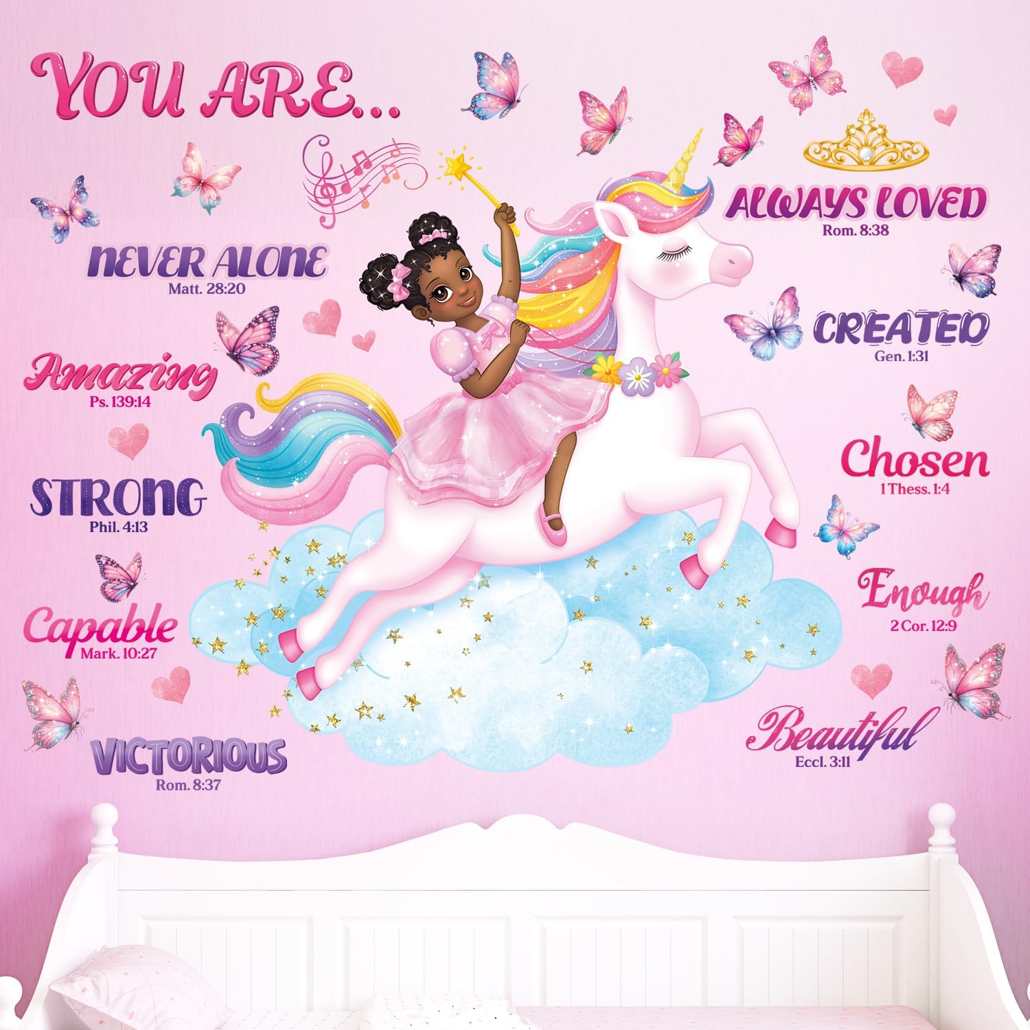 DECOWALL SG2-2503 Black Girl Unicorn Bible Verse Wall Stickers Decals Inspirational Girls Bedroom Nursery Peel and Stick Princess Decor Butterflies Kids Baby Removable Home Art Quotes image number 5