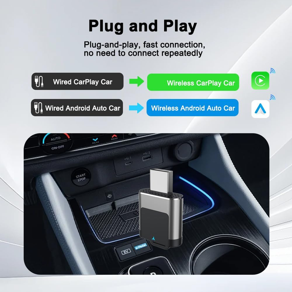 Wireless Carplay and Android Auto Adapter, 2-In-1 Mini Plug & Play Dongle, 5Ghz Wifi, Bluetooth, USB Powered, Compatible with Iphone 8+ Android 10+ Cars 2016+ image number 5