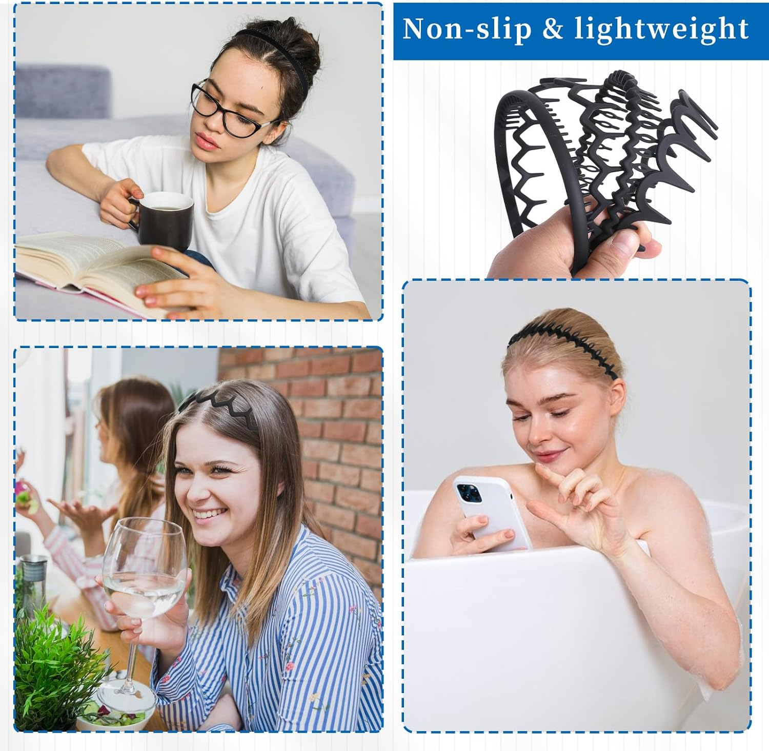 Pack of 4 Shark Tooth Hair Bands, Women'S Hair Band, Black Zigzag Headband with Clips, Matt, Non-Slip Headband, Men, Wave, Unisex Hair Bands, Elastic Headband for Outdoor Sports, Yoga