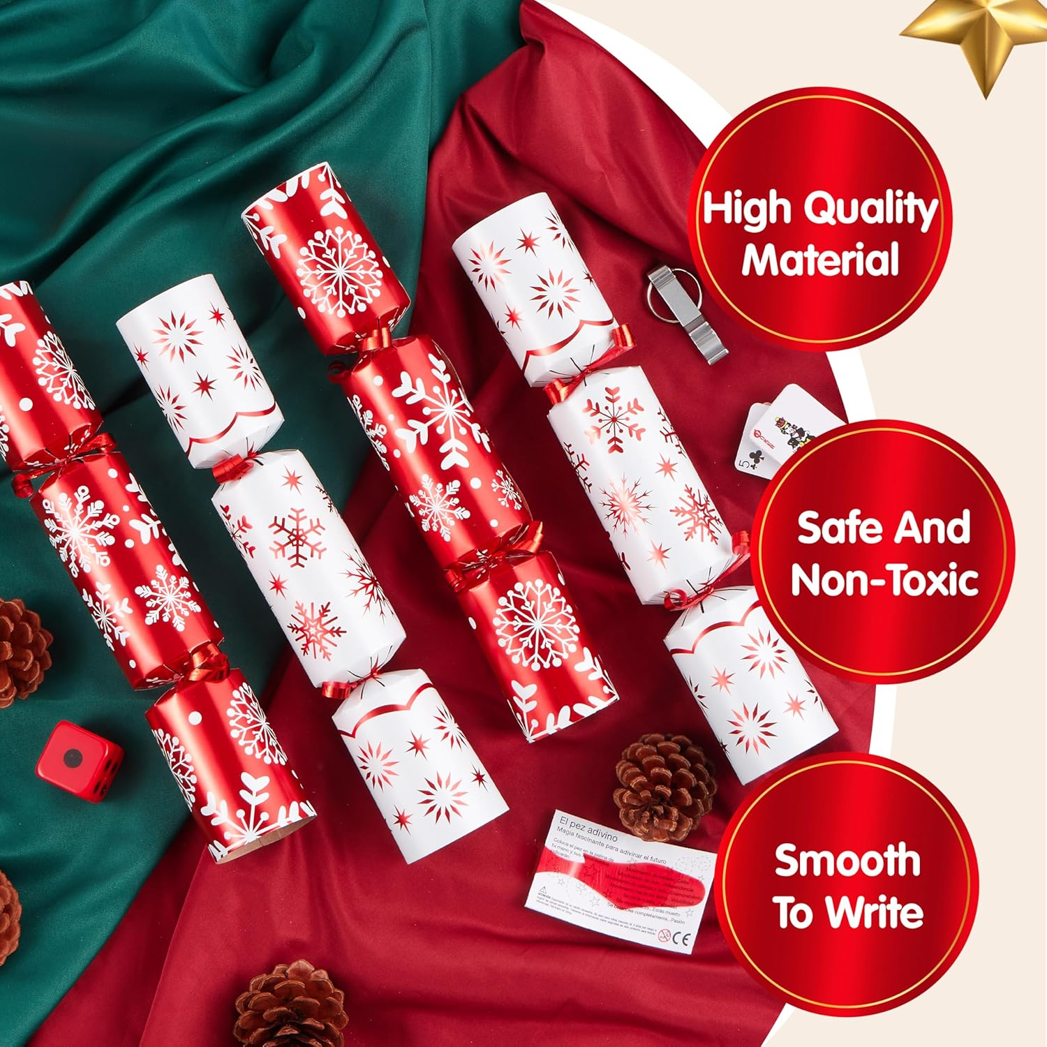 10&rdquo; Christmas No Snap No Popping Party Table Favor(10 Pack) with Red & White Snowflake Design, with Party Hat, Joke & Little Gift Inside, for Xmas Gift, Christmas Seasonal Holiday Dinner Traditions image number 1