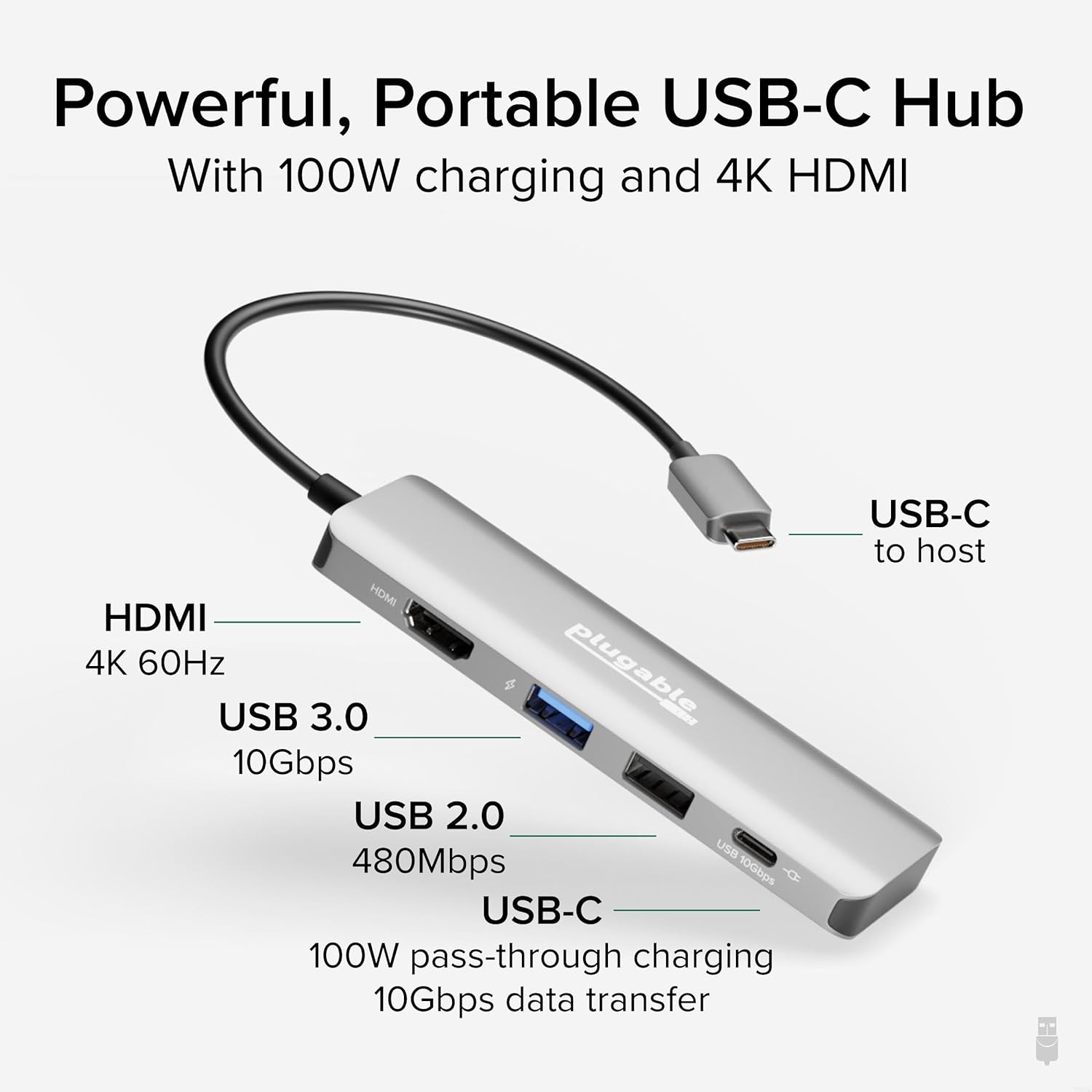 Plugable USB C Hub Multiport Adapter, 4 in 1, 100W Pass through Charging, USB C to HDMI 4K 60Hz, Multi USB Port Hub for Windows, Mac, Ipad Pro, Chromebook, Thunderbolt (USBC-4IN1) image number 2