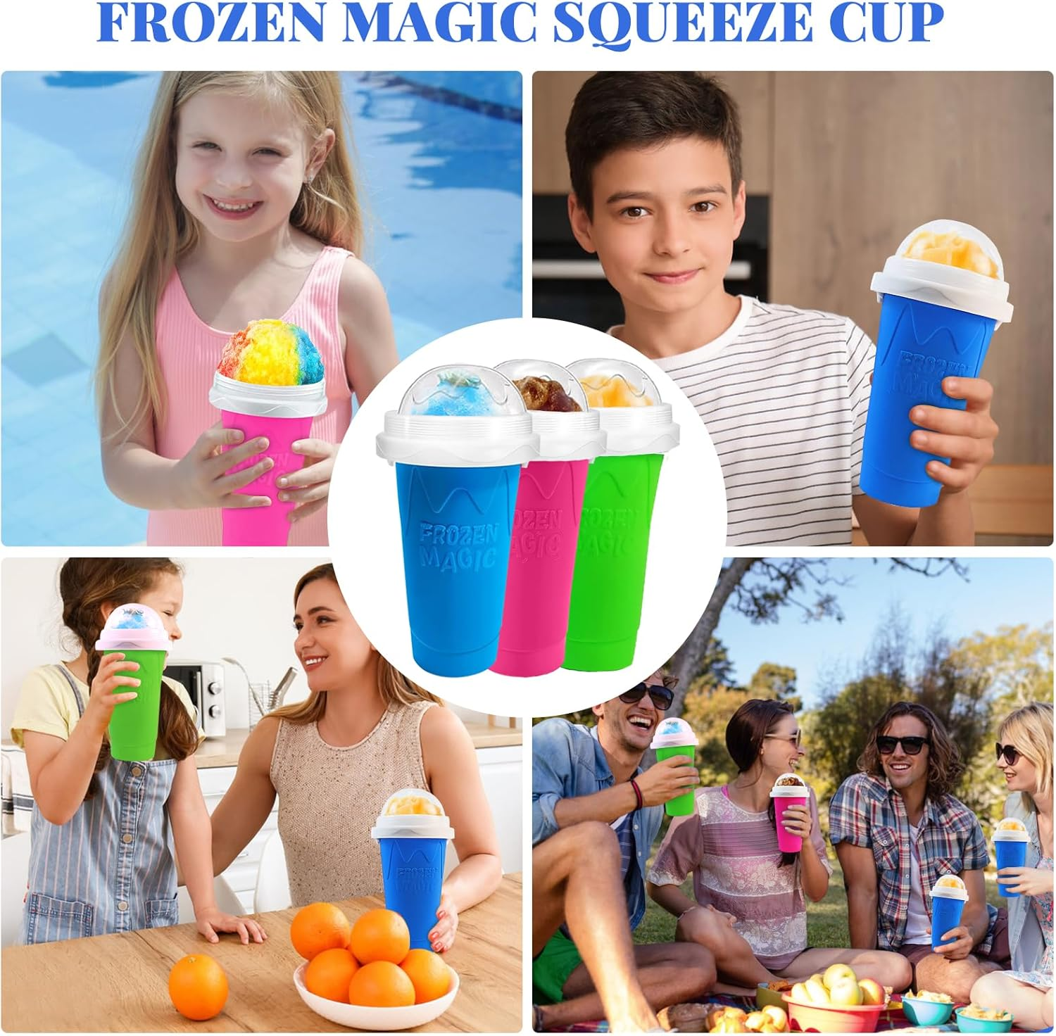 FANS-ONE Slushie Cup, 2 Pack Slushy Maker Cup, Frozen Magic Squeeze Cups for Juice Milk Yogurt Ice Cream Make, DIY Smoothie Cooling Cup with Lid & Straw for Kids Friends Family (Blue+Green) image number 3