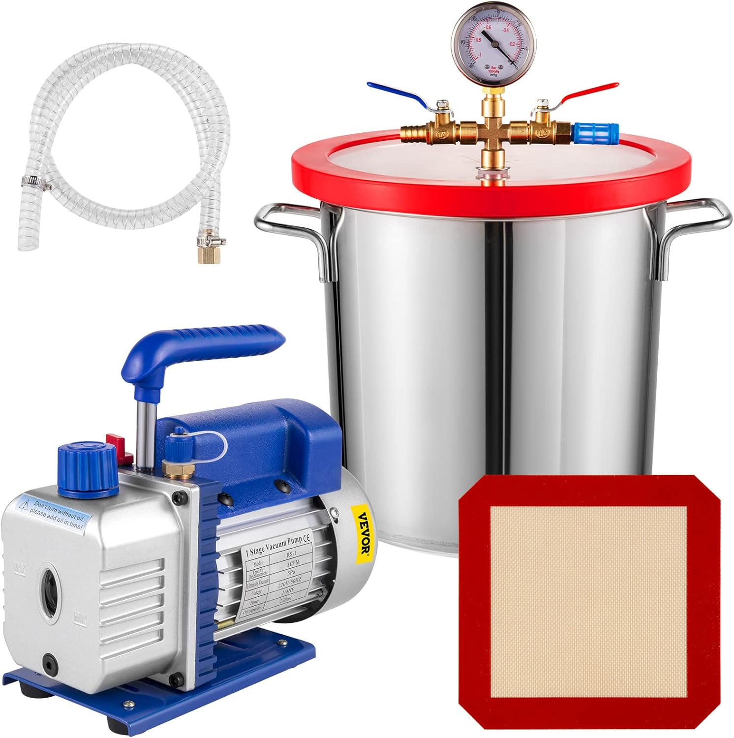 VEVOR 3 CFM 1/4HP Single Stage Vacuum Pump,3 Gallon/13 L Vacuum Chamber Kit, HVAC A/C Refrigeration Kit image number 2