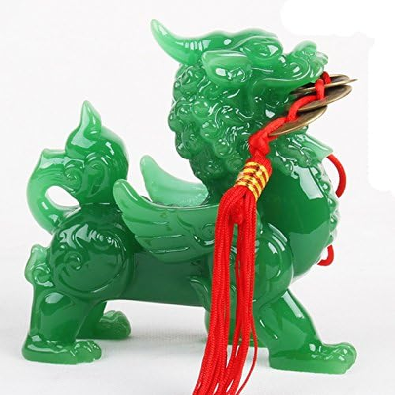 Wenmily Feng Shui Green Pi Yao/Pi Xiu Wealth Porsperity Statue + Free Prosperity Protection Set of 5 Lucky Charm Ancient Coins on Red String,Feng Shui Decor image number 4