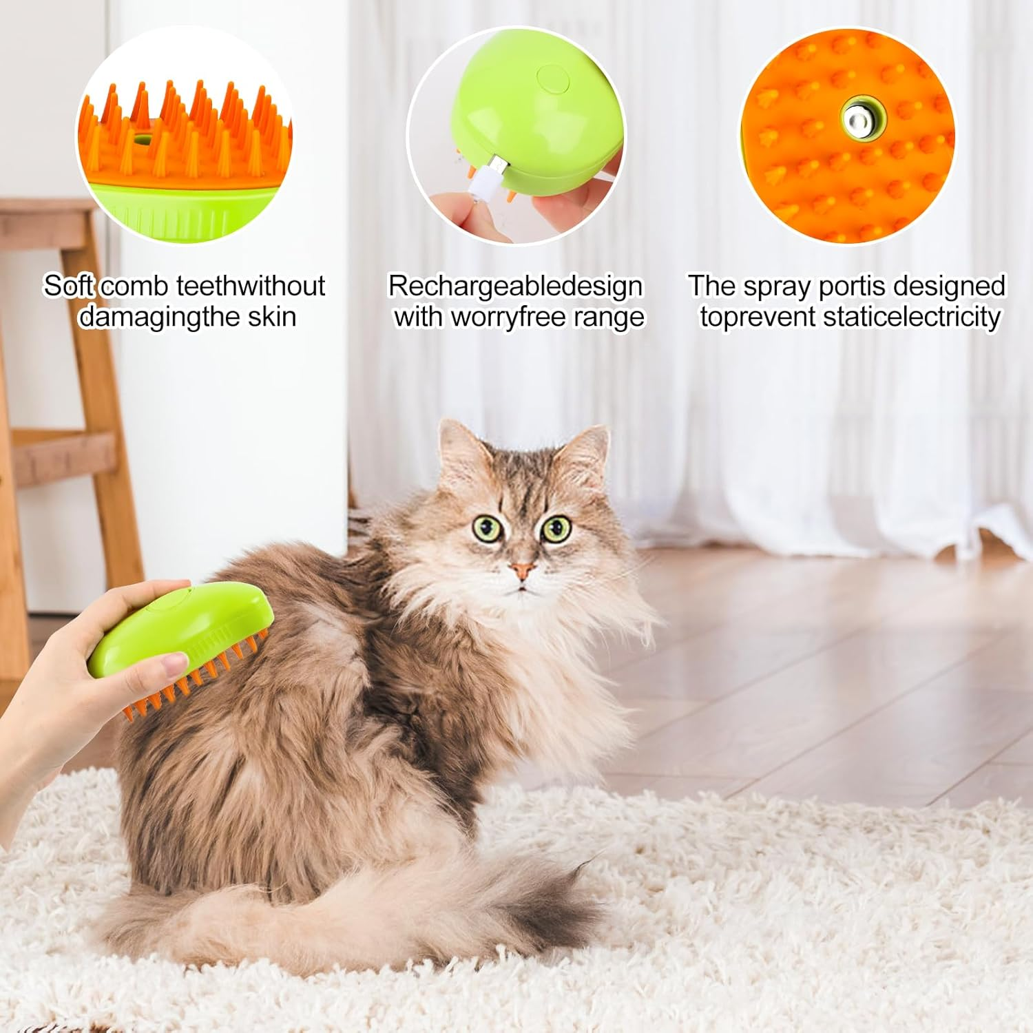 Steamy Cat Brush - 3 in 1 Cat Steamer Brush, Cat Spray Massage Comb, Multifunctional Dog Steamer Brush, Cat Grooming Brush, Pet Hair Removal Comb for Cat (Green) image number 2