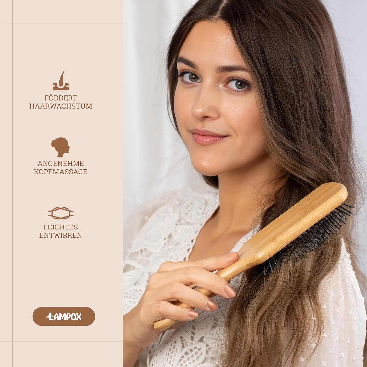 Bamboo Hair Brush, Head Massage Hair Care, Detangling Brush for Long Hair & Curls of Women, Men & Children, Massage Brush for Scalp, Detangler (Rectangular)