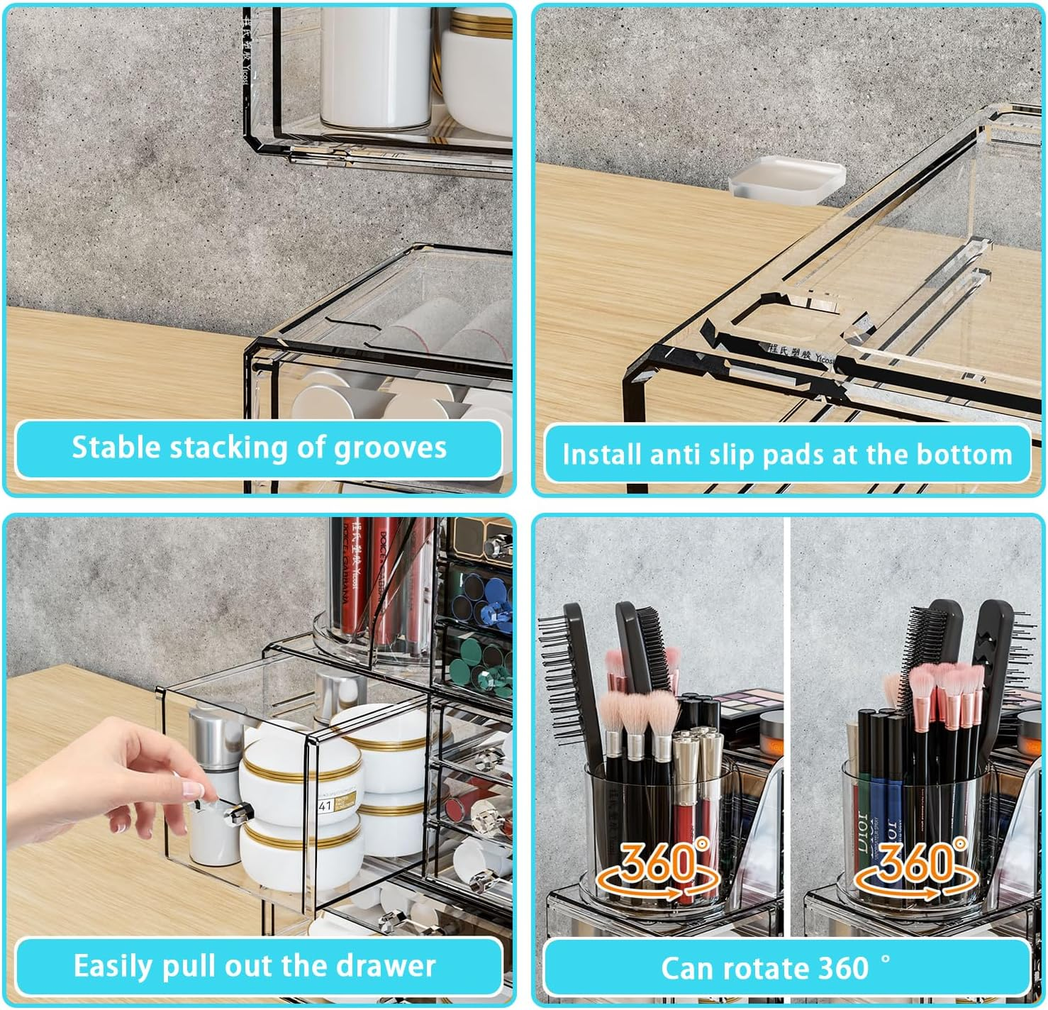 2-In-1 Acrylic Cosmetic Organiser with Rotating Brush Holder &ndash; Makeup Storage Box with Drawers for Vanity, Bathroom, or Dorm, Skincare & Beauty Supplies Holder image number 6