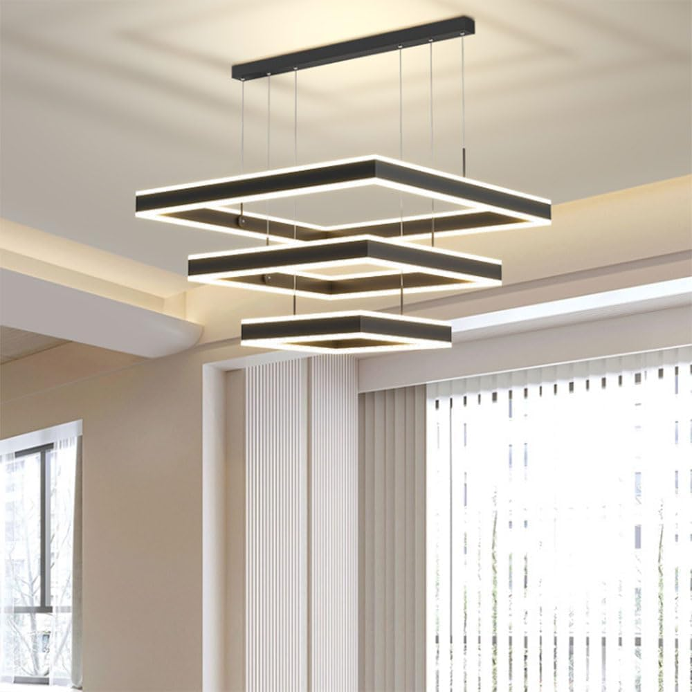 BAMDECOR A18882/3A 3 Rings Black Modern Minimalist Square Pendant Light Adjustable LED Chandelier for Bar, Dining Room, Office image number 3