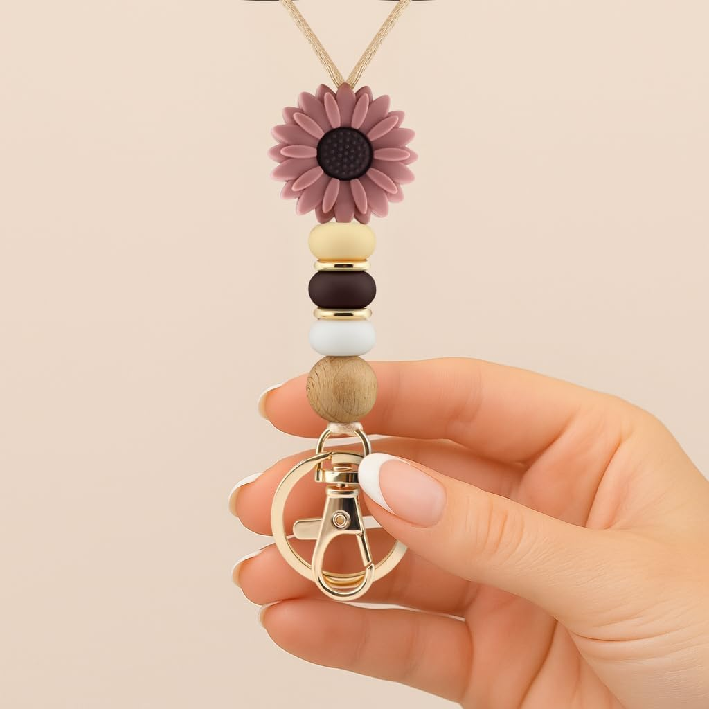 Flower Teacher Lanyards ID Badge and Key Chain, Cute Silicone Beads Lanyard for Women Nurse Work Student image number 2