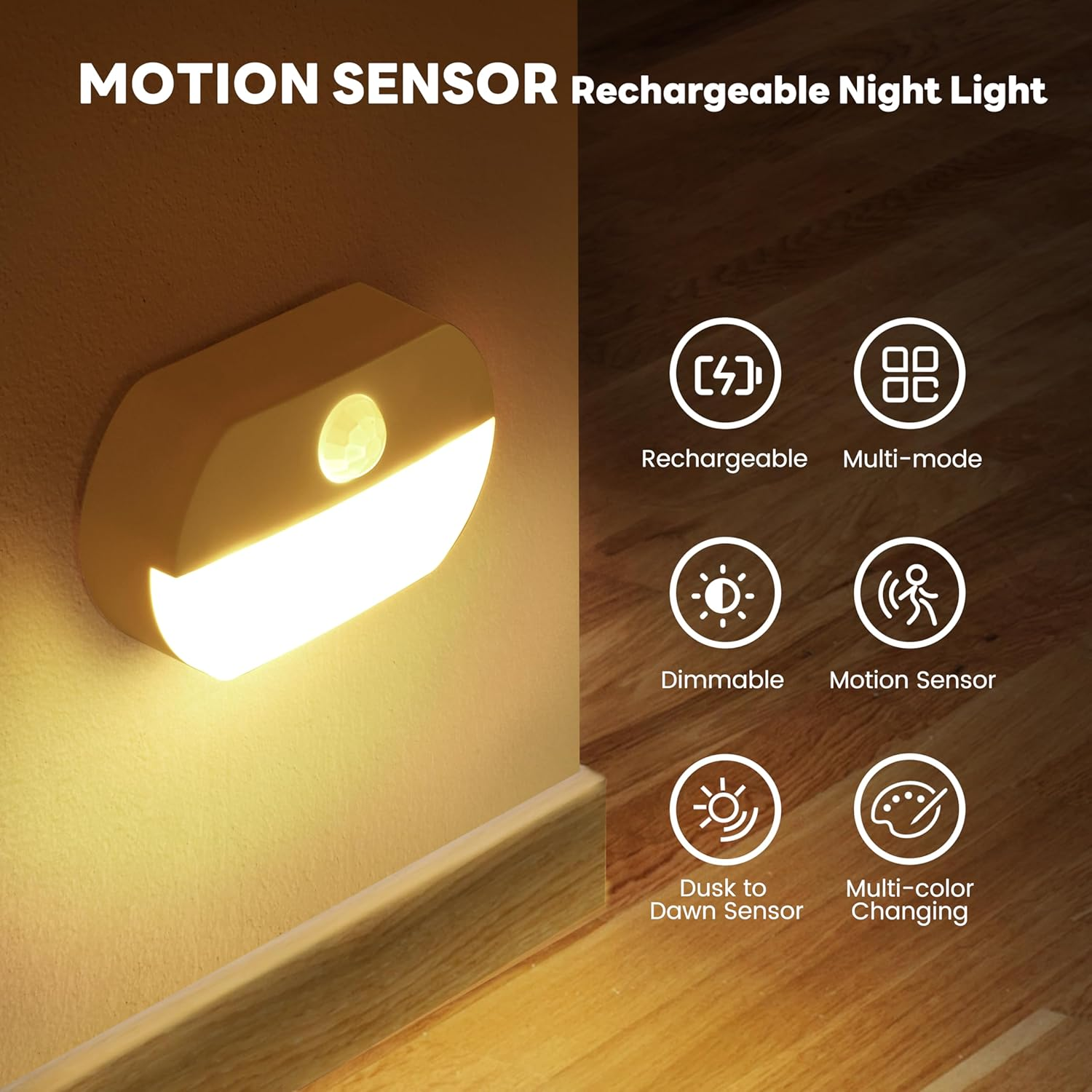 Rechargeable Motion Sensor Night Light Indoor Built-In 700Mah Battery Operated Portable Dimmable Color-Changing LED Wall Nightlight Lamps for Stairs Bedroom Hallway Bathroom Garage(3 Pack)