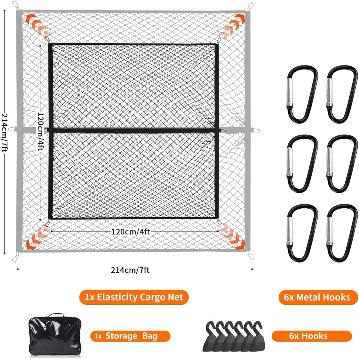 Cargo Net for Car Trunk, Elastic Car Net with 6 Hooks Elastic Single Layer Car Boot Net Storage Net for Pickup Universal Vehicle Van RV SUV 120&times;120Cm Extends to 214 X 214 Cm image number 2