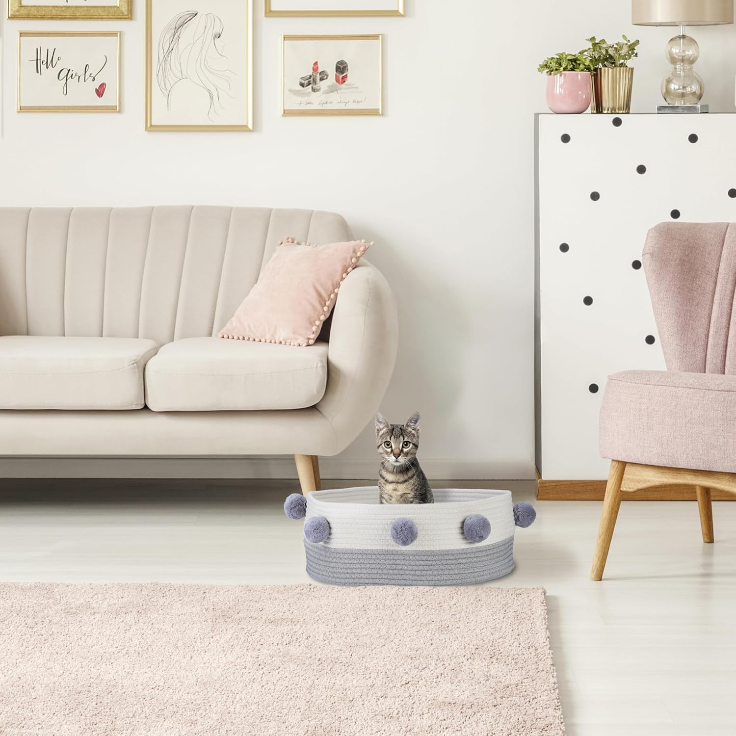 Relaxdays Cat Bed, Cats & Small Dogs, H X D: 16.5 X 41 Cm, Pompoms, Cotton, Braided Cat Basket, Grey/White