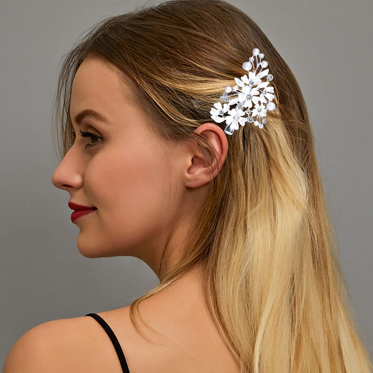 Tseenyi Rhinestone Flower Hair Clip Crystal Rhinestone Barrette Rhinestone Pearl Hair Clip Hair Pins Shiny Bridal Crystal Head Clip Hair Clip Silver Rhinestone Barrette Headpiece for Women and Girls