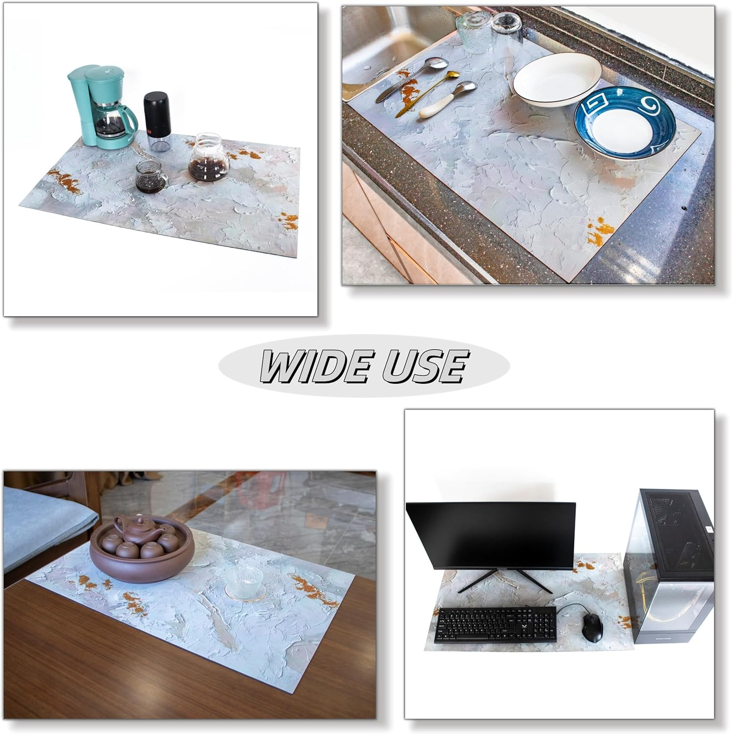 Coffee Mats,Oil Painting Style Quick Drying Mats，Kitchen Counter Dish Drying Mat，Coffee Bar Mats，Non-Slip Design，Keep Clean and Dry (Gray-White-Gold, 17.7*29.5 Inch（45Cm*75Cm）) image number 5