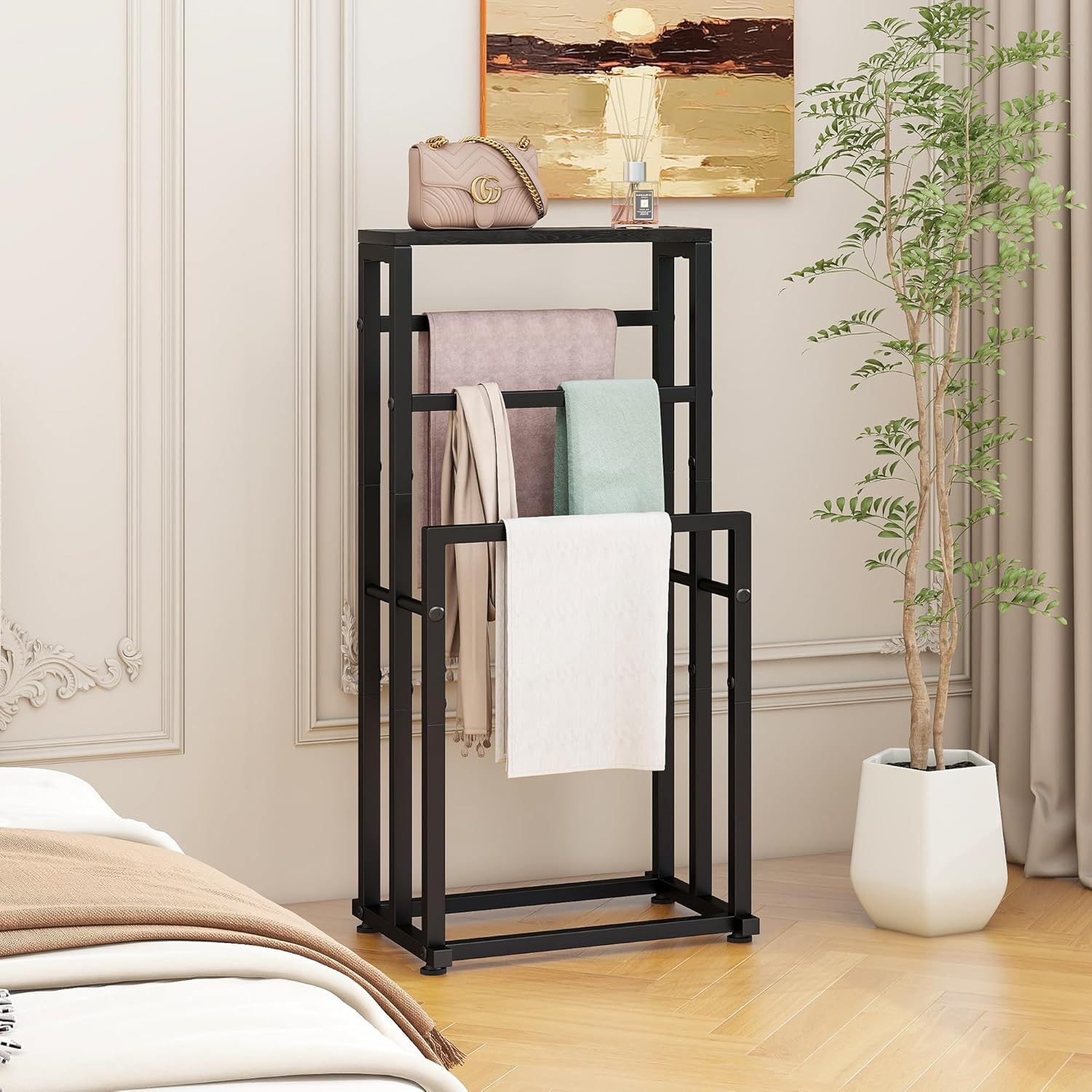 VERFARM Freestanding Towel Rack for Bathroom, 3 Tier Metal Blanket Ladder Holder Pool Drying and Display Rack with Shelf for Bedroom Living Room (Black) image number 3