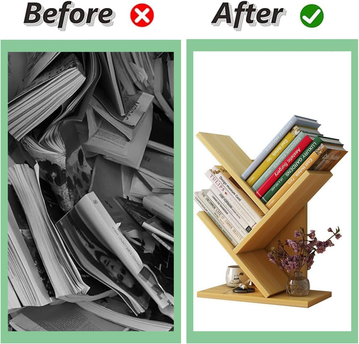 2 Tier Tree Bookshelf, 3 Shelf Bookcase, Free Standing Tree Bookcase, Display Floor Standing Shelf for Books, Book Organizer Shelves for Home Office, Living Room, Bedroom image number 6