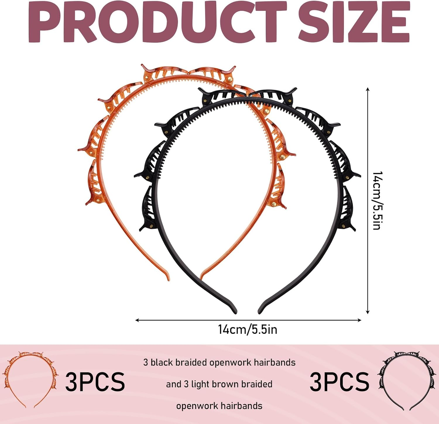 Pack of 6 Double Similar Headband with Clips, Fashion Headband with Clips, Hairpin for Women, Girls, Curly, Thick Hairstyle, Braided, Professional, Weaving, Bangs, Styling, Black & Brown image number 4