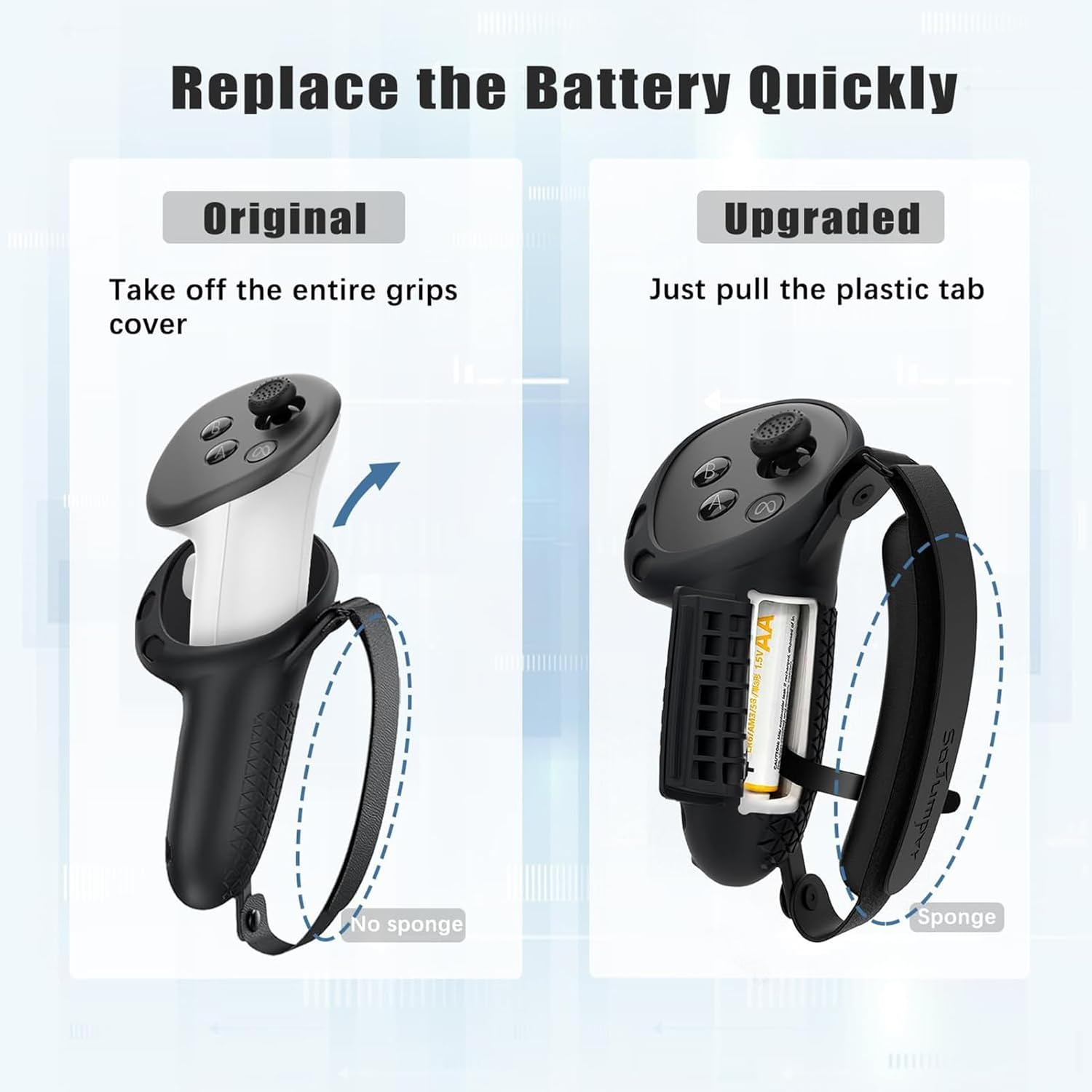 ZONEY Upgraded Controller Grips for Quest 3, Adjustable Hand Grips with Battery Openning and Foam Knuckle Straps, VR Protector Accessories Straps with Widen and Thicken Sponge (Black) image number 1