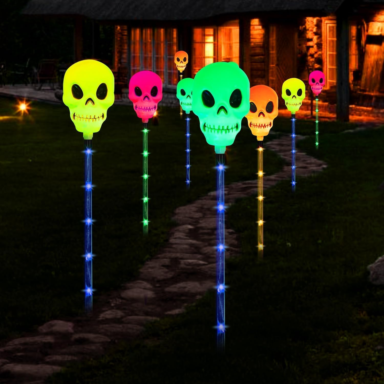 XIJUAN Halloween Decor 4-Set Solar Pathways Lights with Multi-Color Waterproof Skeleton Lights for Halloween Decorations Outdoor outside for Yard Garden Walkway Lawn image number 5
