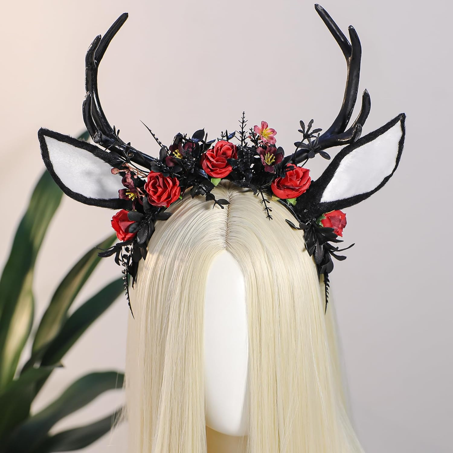 MOSTORY Black Flower Antler Headband - Dark Floral Decorated Antler Headband with Deer Ears, Gothic Reindeer Headpiece for Renaissance Renfaire Outfit, Halloween Deer Cosplay image number 4
