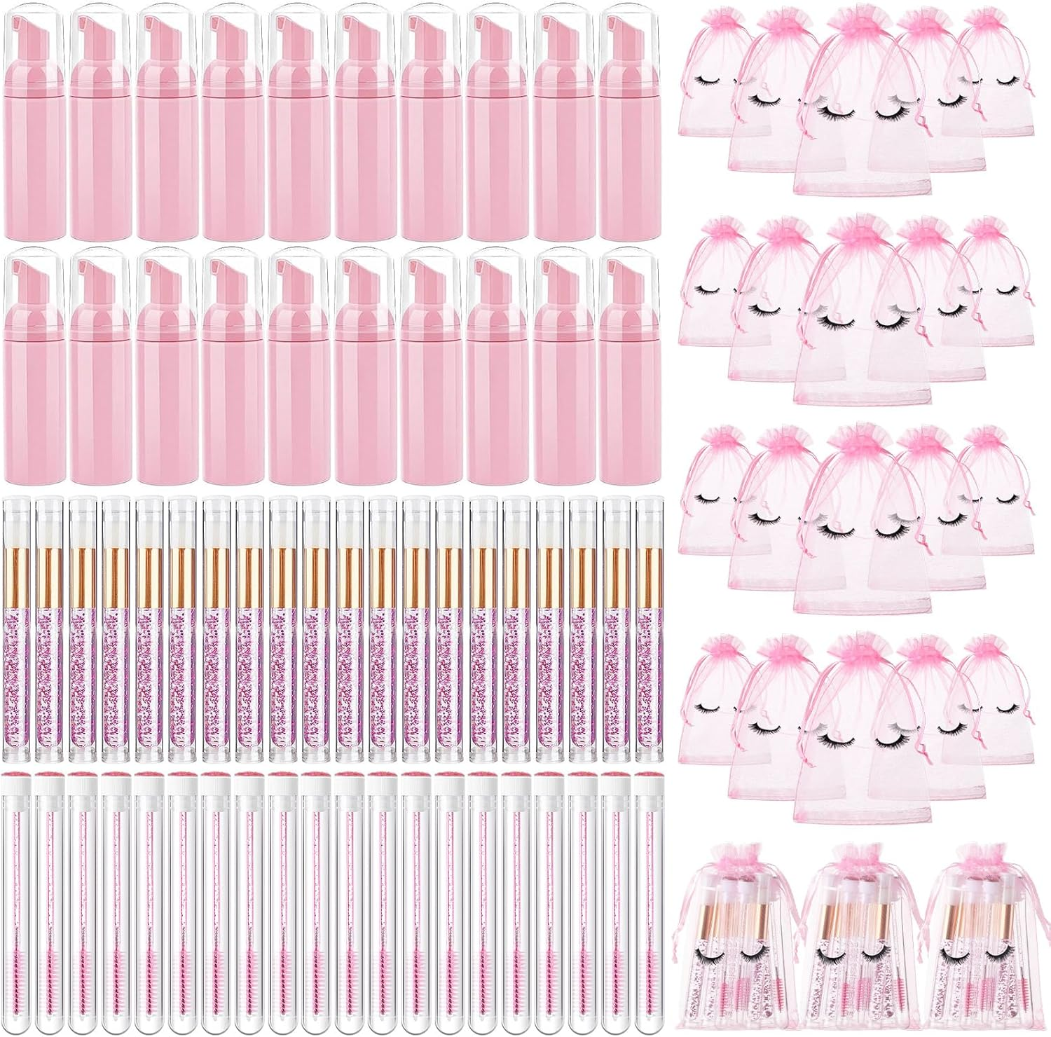 Zhehao 80 Pcs Lash Shampoo Bottle Brushes Kit 20 Foam Pump Dispensers 20 Lash Shampoo Brushes 20 Eyelash Aftercare Bag 20 Cleaning Pipes, Eyelash Extension Supplies(Pink) image number 2