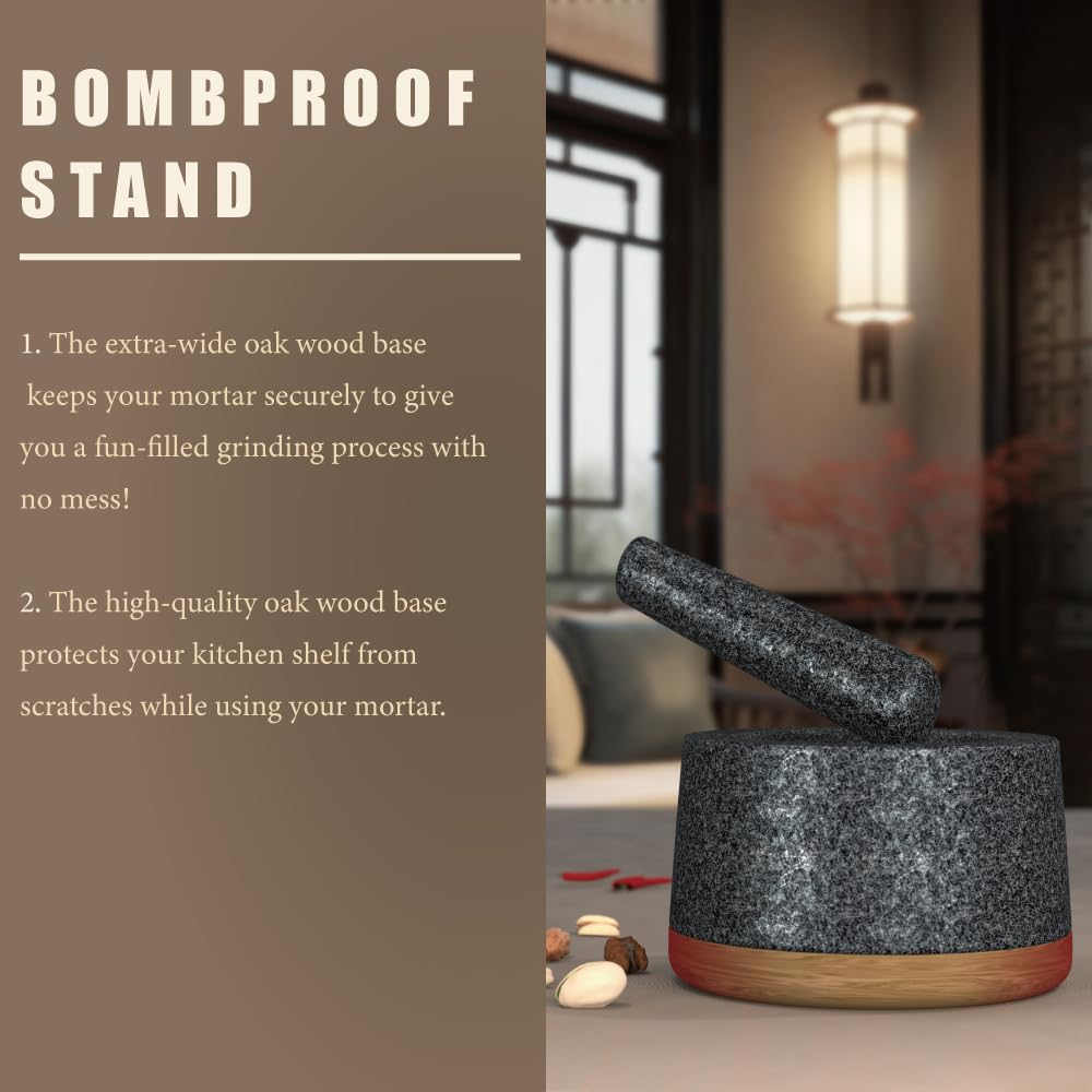 KYONANO Mortar and Pestle Set with Acacia Wood Base, 5.5-Inch Guacamole Bowl, 100% Natural Granite, Stone Grinder for Spices, Extra Large Pestle Heavy & Durable, Molcajete Bowl, 2 Cup Capacity image number 4