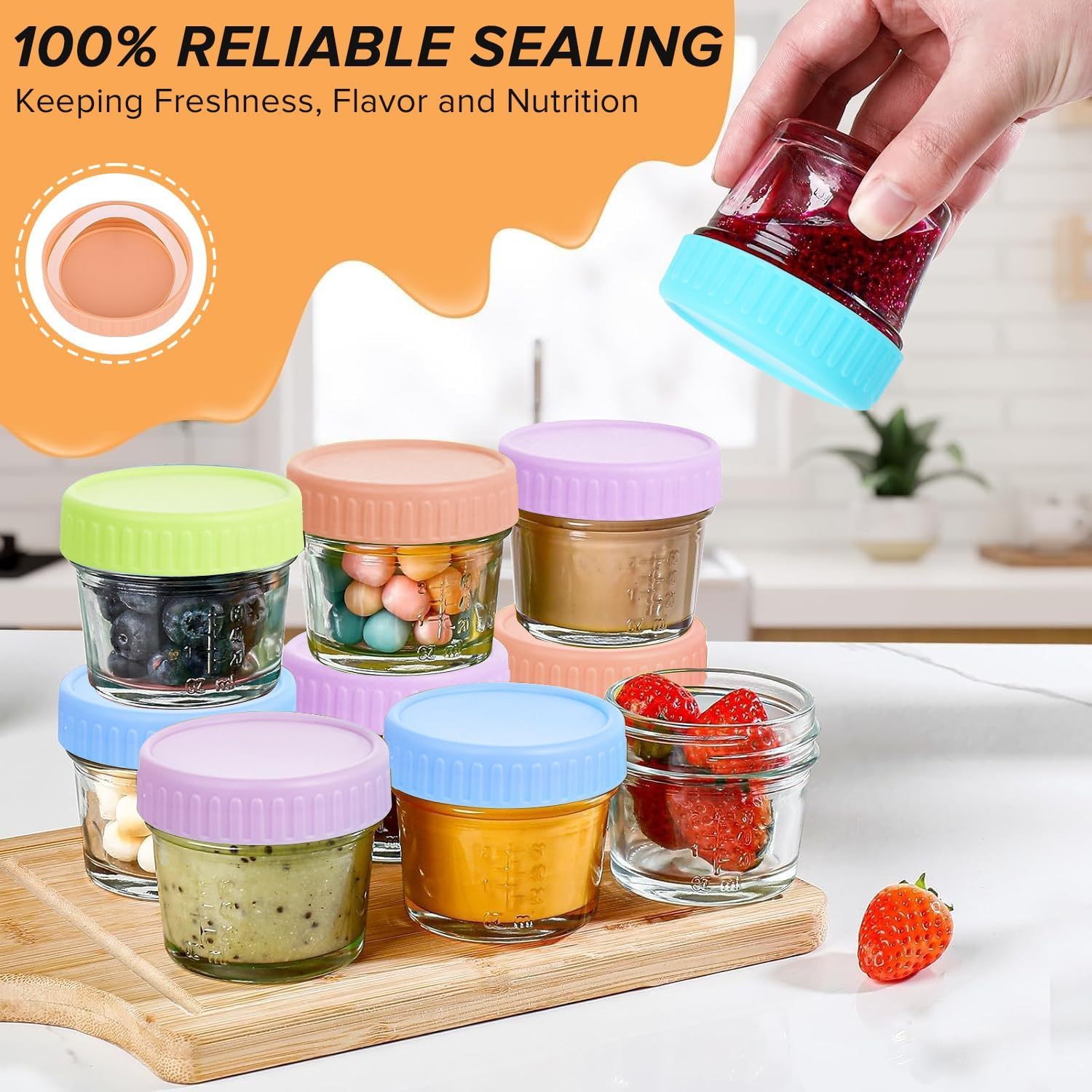 Necomi Glass Baby Food Storage Jars,20 Pack,4Oz Baby Food Jars with Airtight Lids,Small Meal Preparation Cans for Baby Food，Fruit and Vegetable Puree, Small Snacks,Freezer & Microwave Safe image number 2