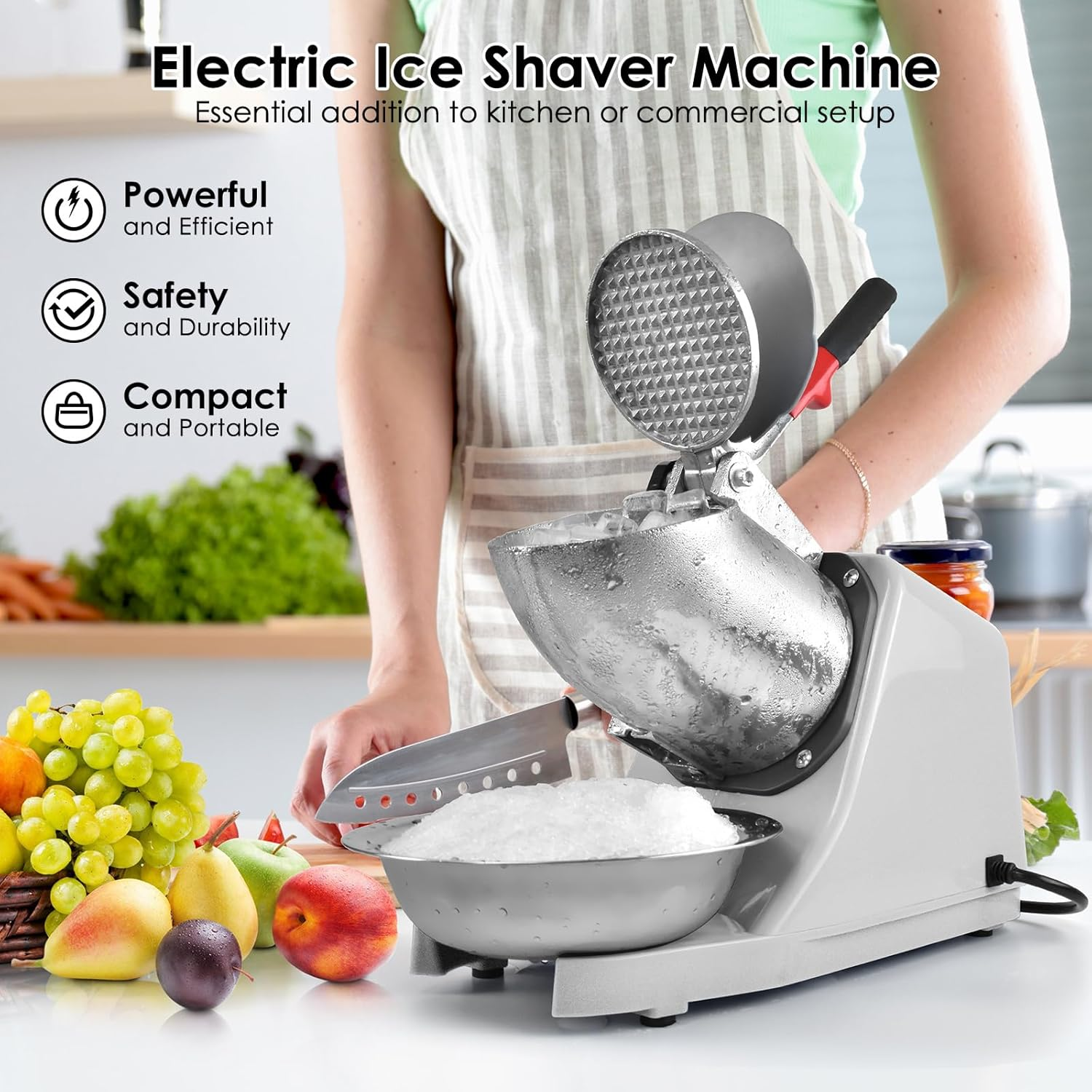Electric Ice Shaver Machine,With Ice Pick and Scoop,3 Blades of Electric Snow Cone Machine(300W 2200R/Min),Splash Proof Shaved Ice Machine,Ice Crusher Machine for Home Commercial Use (Silver) - Orange image number 4
