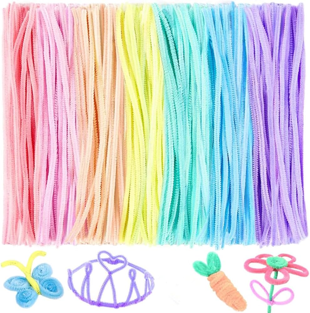 200 Pcs Pastel Pipe, Fuzzy Chenille Stems, Assorted Colors Fuzzy Sticks Pipe Cleaner Craft Supplies for DIY Art Creative Crafts Project Decoration image number 1