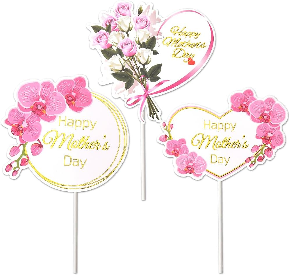 Happy Mothers Day Cake Topper Sign for Mother'S Day Cake Decorations for Women Mom Cupcake Toppers 3Pcs Heart round Rose Flower Floral Mothers Day Decorations Ideas image number 1